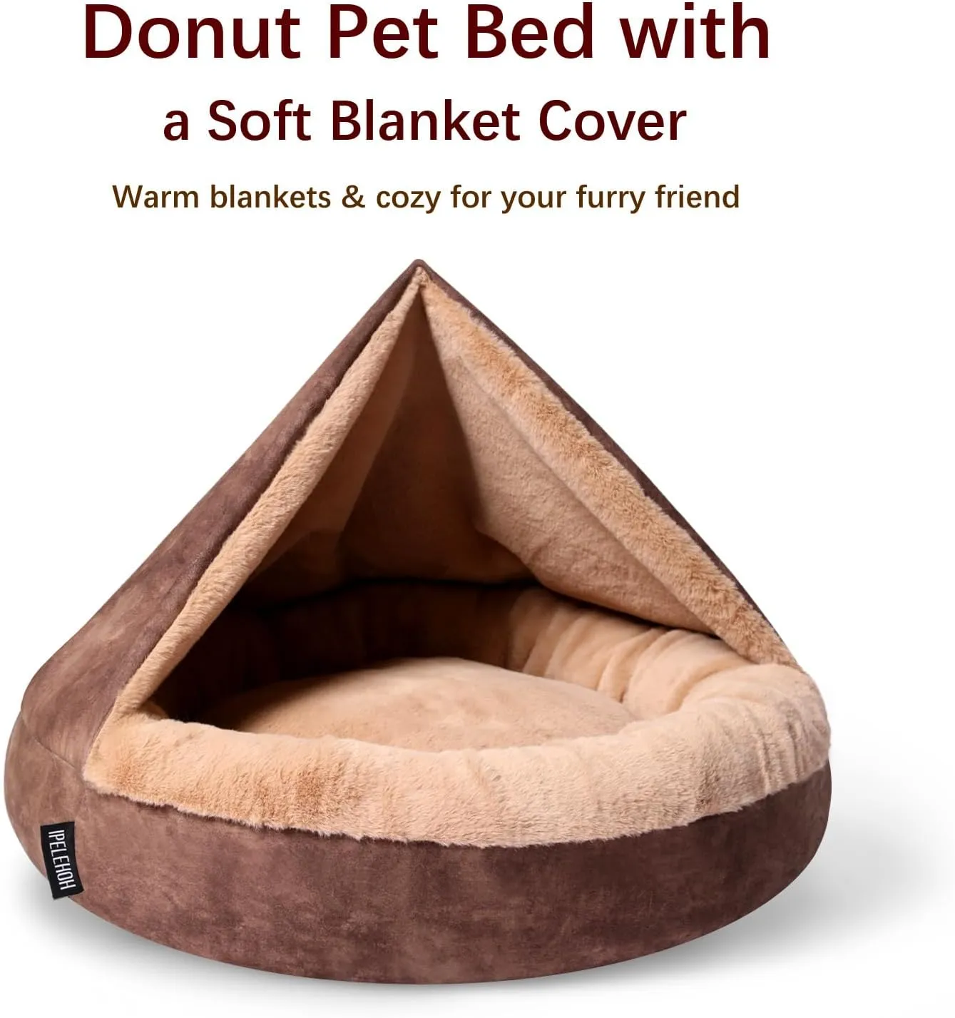 Cozy Soft Dog Bed with Hooded Blanket Warm Calming Cat Cave for Small Medium Dogs and Cats, Non-Slip Bottom & Machine Washable Pet Beds, Chocolate Brown 23x23x6