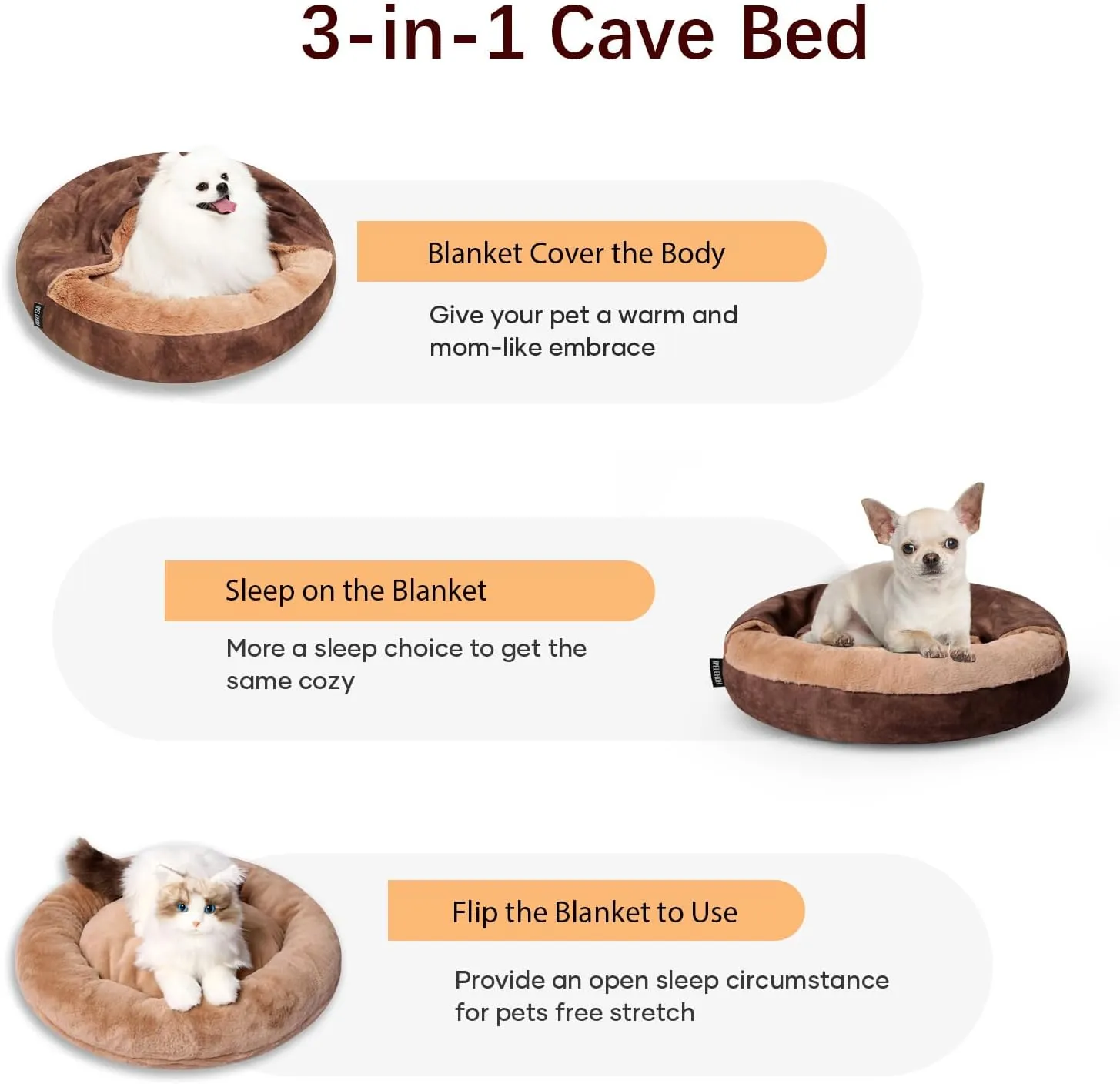 Cozy Soft Dog Bed with Hooded Blanket Warm Calming Cat Cave for Small Medium Dogs and Cats, Non-Slip Bottom & Machine Washable Pet Beds, Chocolate Brown 23x23x6