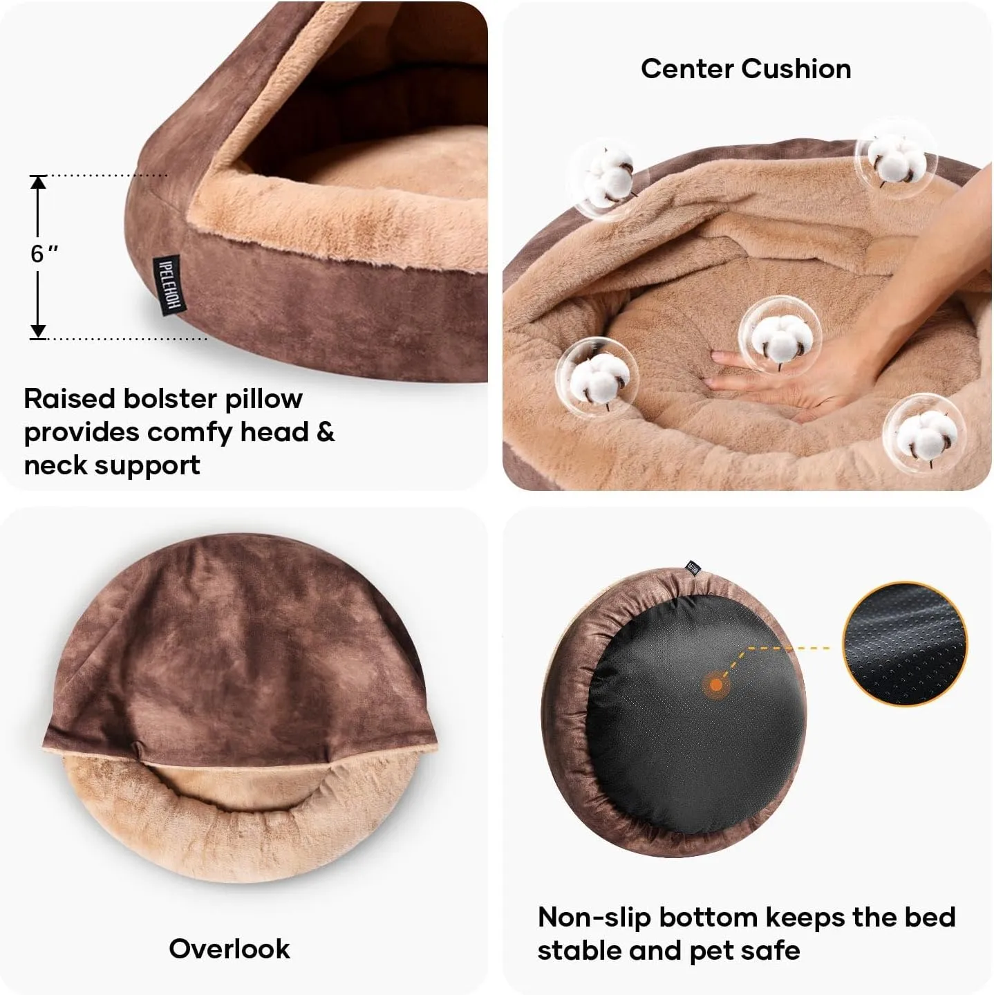 Cozy Soft Dog Bed with Hooded Blanket Warm Calming Cat Cave for Small Medium Dogs and Cats, Non-Slip Bottom & Machine Washable Pet Beds, Chocolate Brown 23x23x6