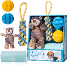 Cute Bear Plush Toys with Soft Squeaker, 2.75 inch Balls, Cotton Teeth Cleaning Rope Toys, Premium Soft Dog Blanket - Washable Dog Gifts for Puppies & Senior Pups - Blue