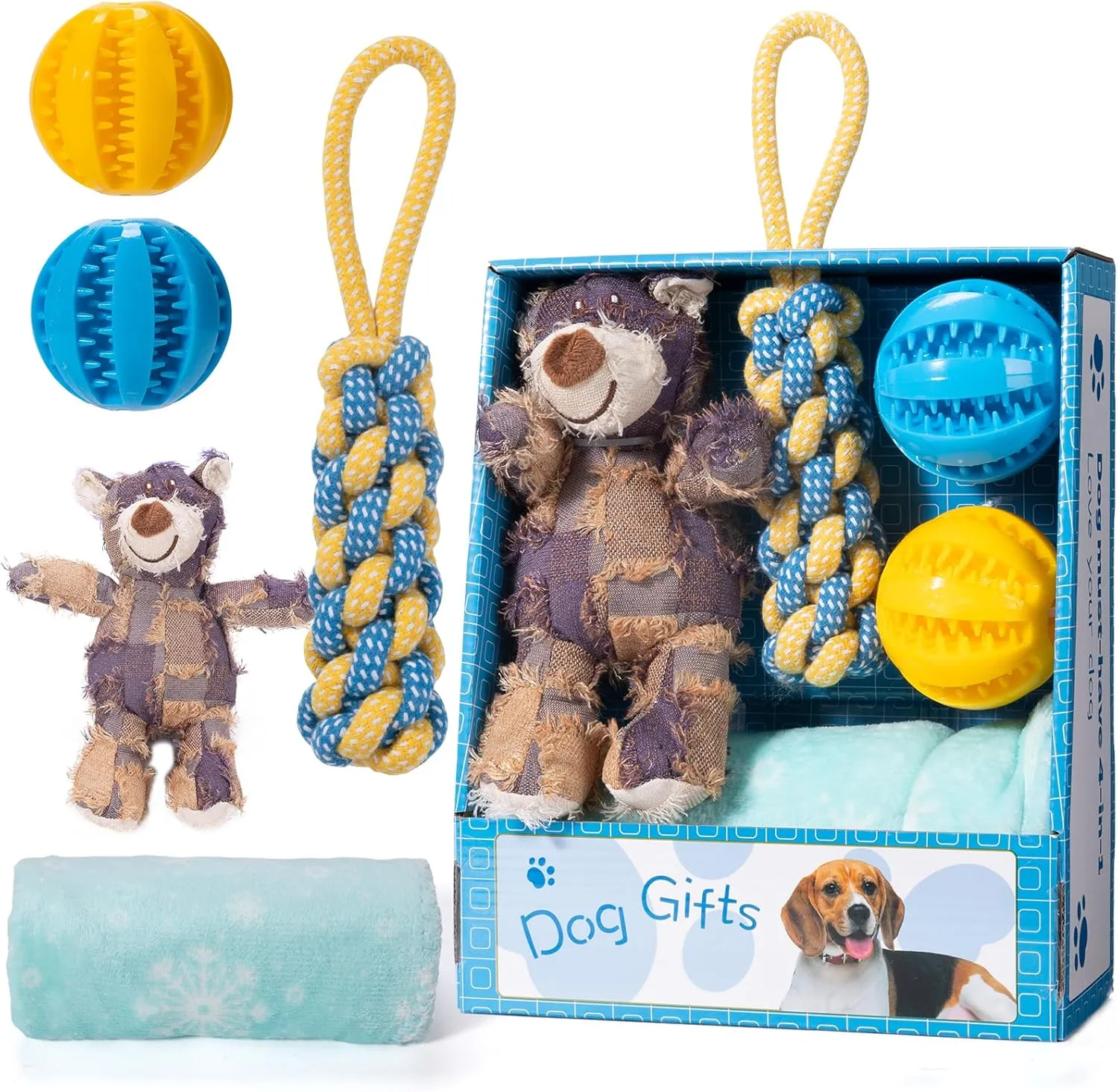 Cute Bear Plush Toys with Soft Squeaker, 2.75 inch Balls, Cotton Teeth Cleaning Rope Toys, Premium Soft Dog Blanket - Washable Dog Gifts for Puppies & Senior Pups - Blue