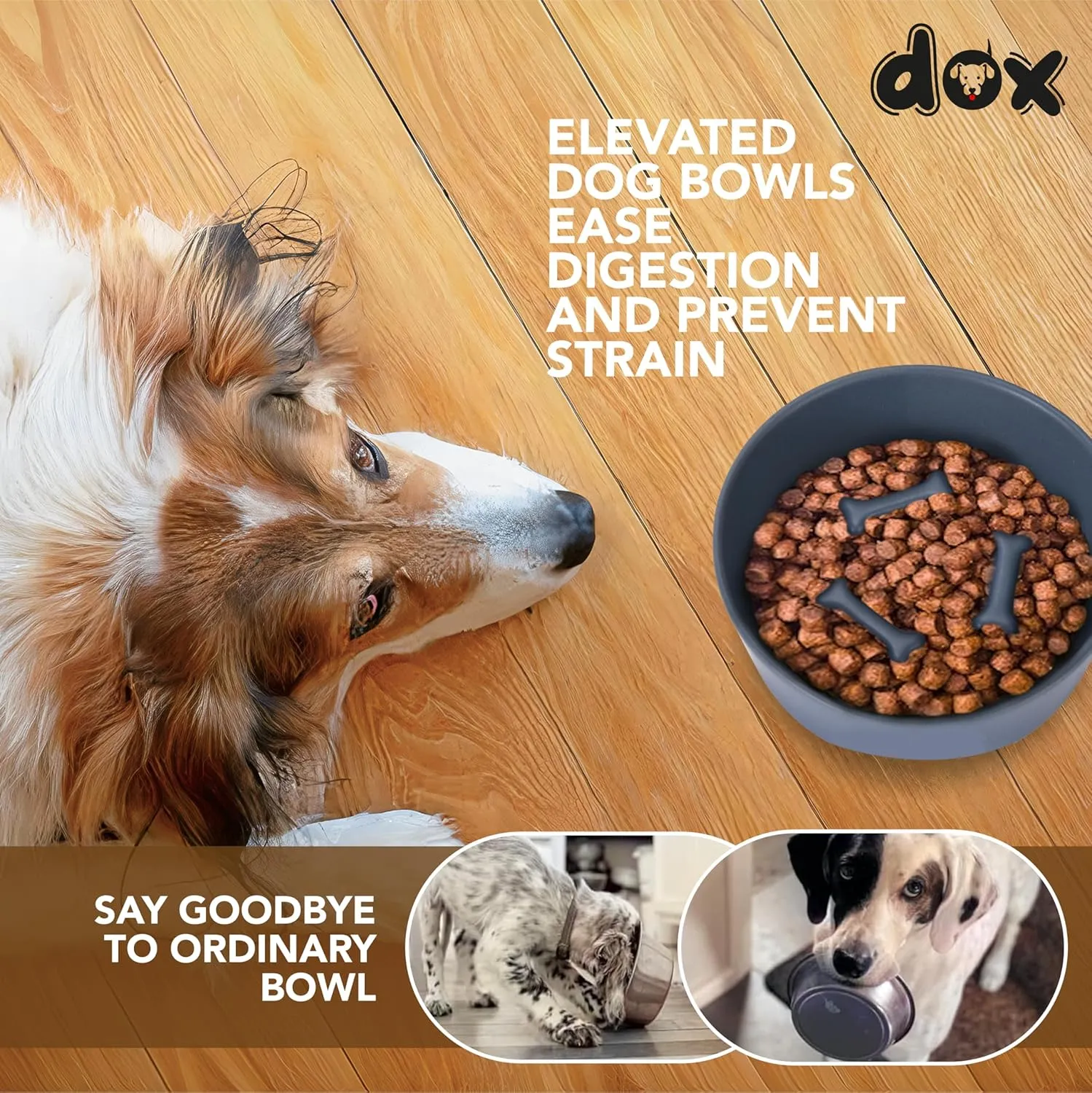 DDOXX Ceramic Dog Bowls - Feeding Bowl with Wooden Stand for Food or Water - Elevated Design for Dogs and Cats - Promotes Healthy Digestion - Ideal for Indoor Feeding - Blue, 6.8"x2.7"