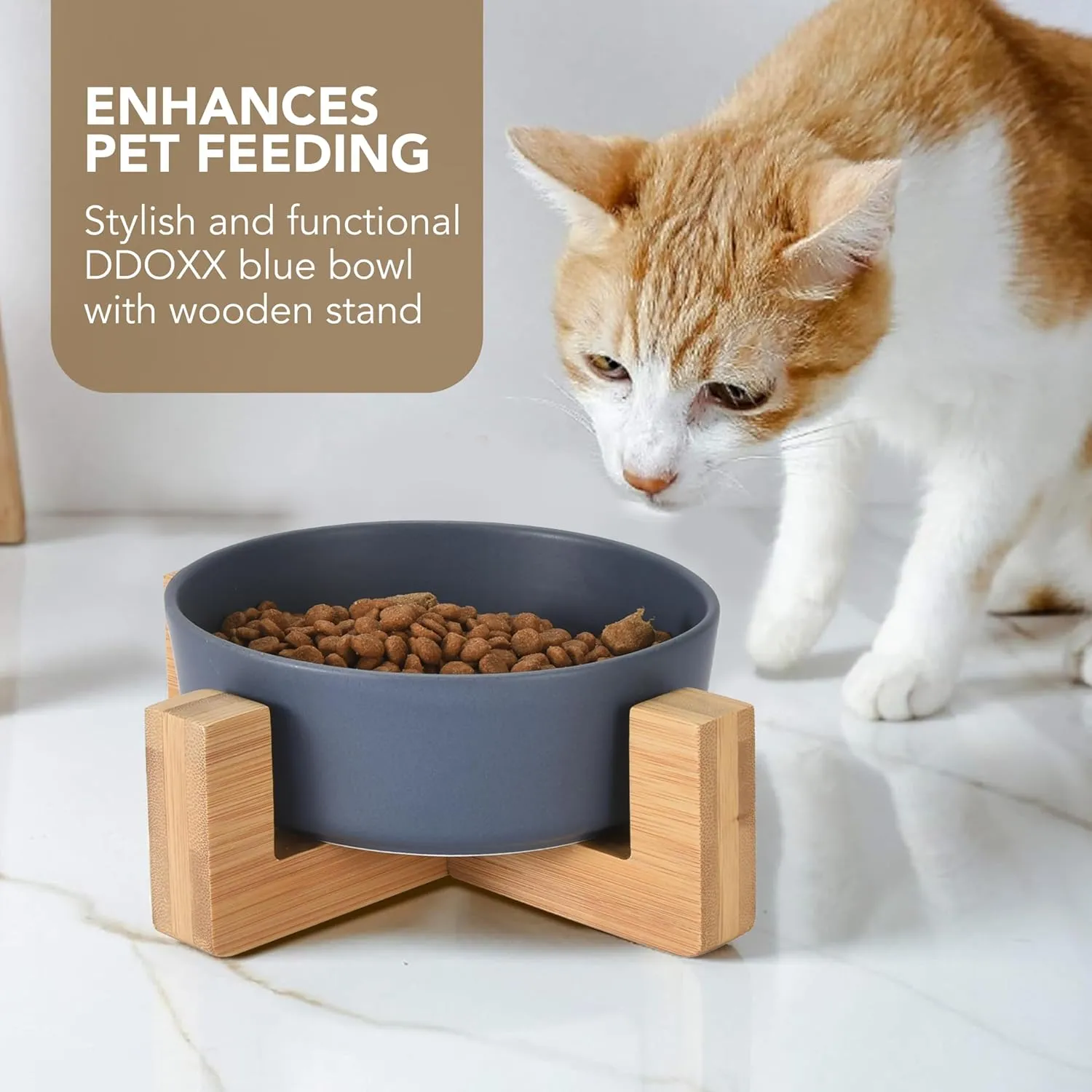 DDOXX Ceramic Dog Bowls - Feeding Bowl with Wooden Stand for Food or Water - Elevated Design for Dogs and Cats - Promotes Healthy Digestion - Ideal for Indoor Feeding - Blue, 6.8"x2.7"