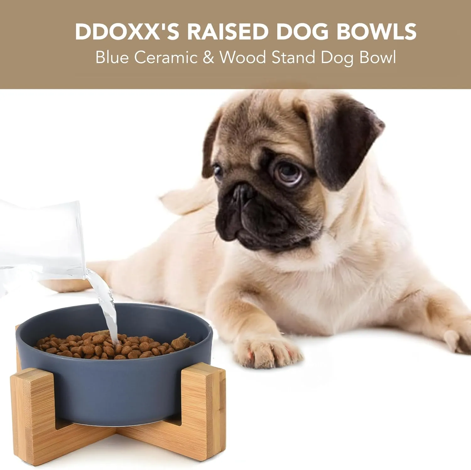 DDOXX Ceramic Dog Bowls - Feeding Bowl with Wooden Stand for Food or Water - Elevated Design for Dogs and Cats - Promotes Healthy Digestion - Ideal for Indoor Feeding - Blue, 6.8"x2.7"