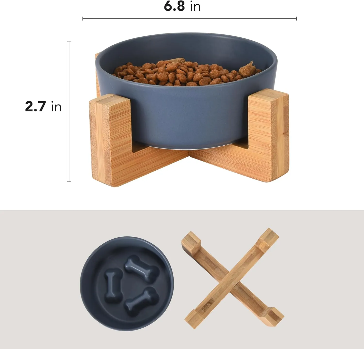 DDOXX Ceramic Dog Bowls - Feeding Bowl with Wooden Stand for Food or Water - Elevated Design for Dogs and Cats - Promotes Healthy Digestion - Ideal for Indoor Feeding - Blue, 6.8"x2.7"