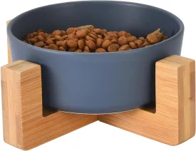 DDOXX Ceramic Dog Bowls - Feeding Bowl with Wooden Stand for Food or Water - Elevated Design for Dogs and Cats - Promotes Healthy Digestion - Ideal for Indoor Feeding - Blue, 6.8"x2.7"