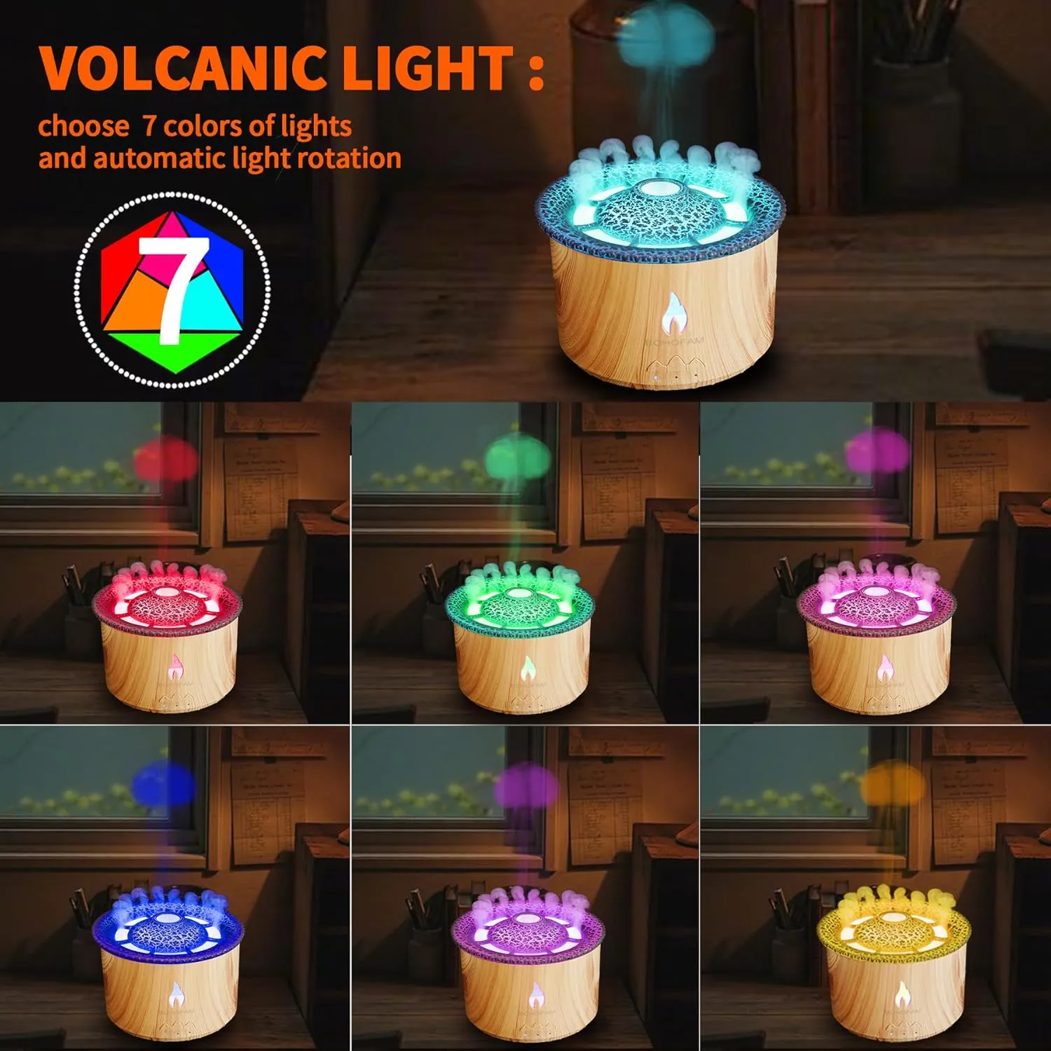 Diffusers For Home 360ML,Volcano Diffuser/Humidifier,Volcano and Flame 2 Air Mist,Essential oil diffuser with 7 Colorful Light Change,Included 50ML Hotel Collection diffuser Oil For Largeroom, Bedroom