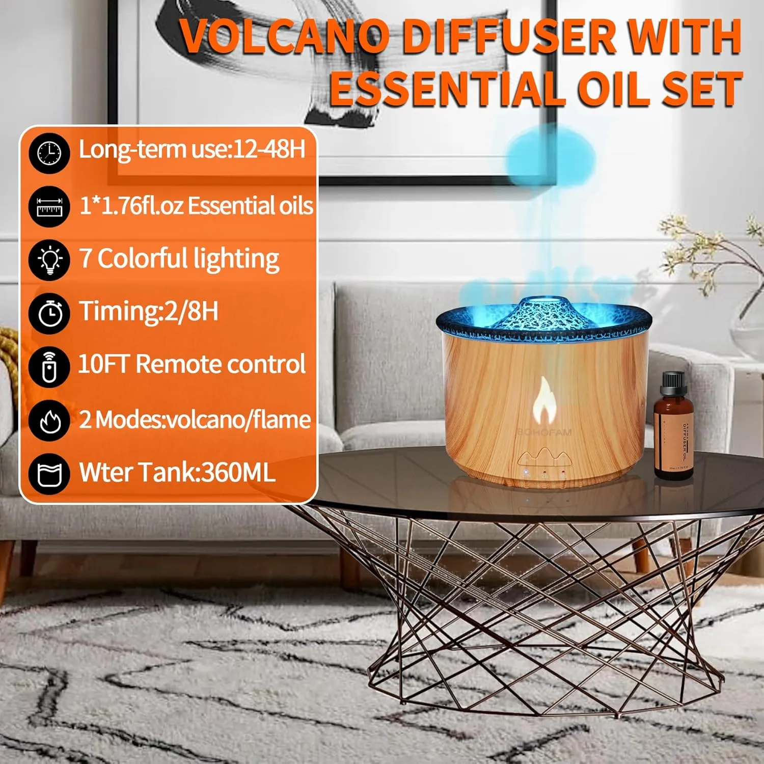 Diffusers For Home 360ML,Volcano Diffuser/Humidifier,Volcano and Flame 2 Air Mist,Essential oil diffuser with 7 Colorful Light Change,Included 50ML Hotel Collection diffuser Oil For Largeroom, Bedroom