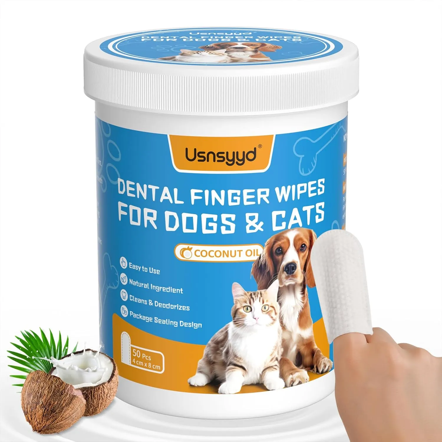 Dog & Cat Teeth Cleaning Wipes, Reduces Plaque & Freshing Breath,Canine Finger Toothbrush, Disposal Gentle Cleaning & Gum Care Pet Wipes, 1.54" Wide,Unscented Flavor,50Pcs