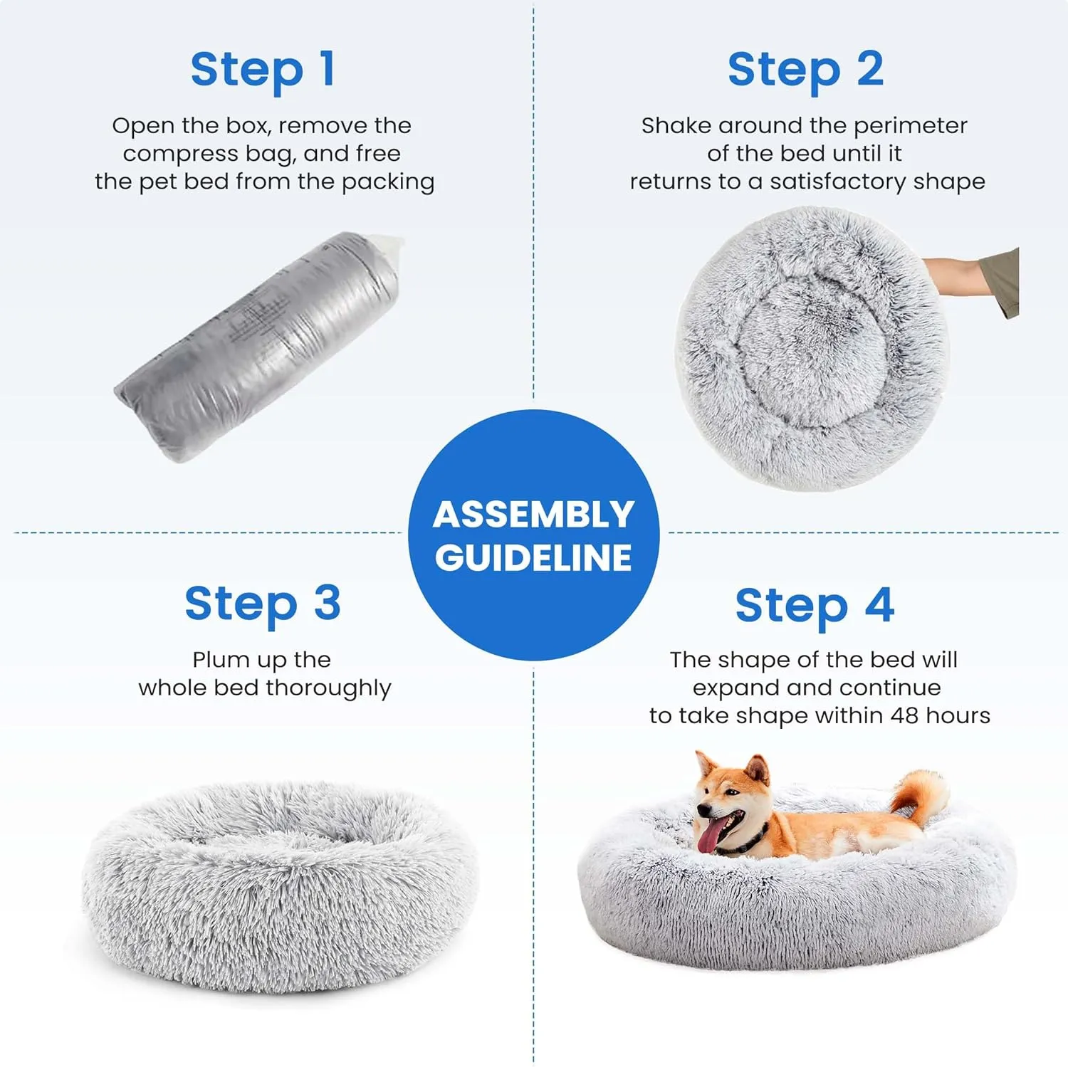 Dog Bed for Small Medium Dogs and Cats, Washable Calming Donut Pet Bed, 24-Inch Anti-Slip Round Fluffy Plush Faux Fur, Anti-Anxiety, Comfortable for Sleeping, 24"L x 24"W x 8"Th for Pets up to 25 lbs