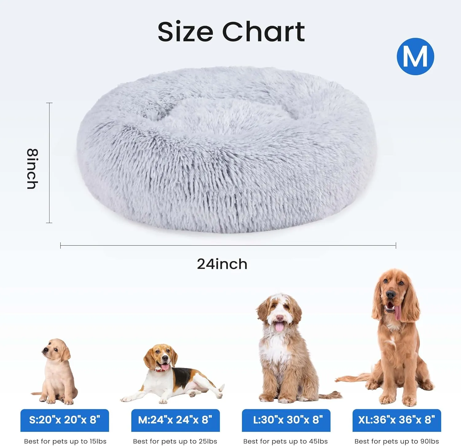 Dog Bed for Small Medium Dogs and Cats, Washable Calming Donut Pet Bed, 24-Inch Anti-Slip Round Fluffy Plush Faux Fur, Anti-Anxiety, Comfortable for Sleeping, 24"L x 24"W x 8"Th for Pets up to 25 lbs