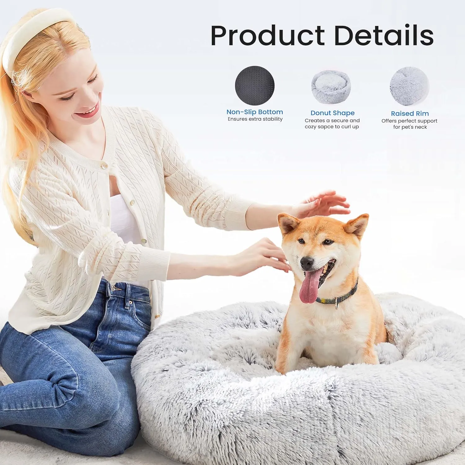 Dog Bed for Small Medium Dogs and Cats, Washable Calming Donut Pet Bed, 24-Inch Anti-Slip Round Fluffy Plush Faux Fur, Anti-Anxiety, Comfortable for Sleeping, 24"L x 24"W x 8"Th for Pets up to 25 lbs