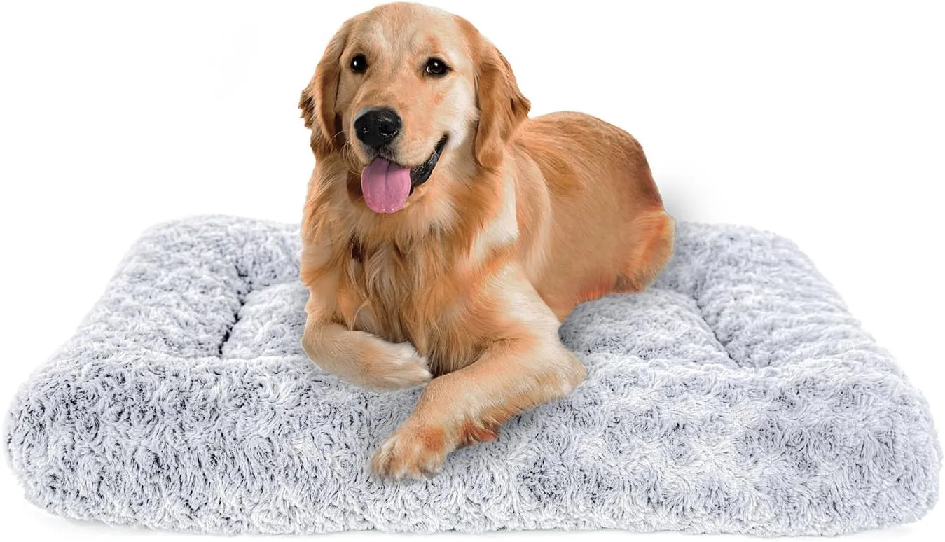 Dog Beds Crate Pad for Medium, Large Dogs, Deluxe Rose Plush Cat Sleeping Mats, Fits Crate Kennel Cage, Anti-Slip Pets Pillow, Washable Ultra Soft Fluffy Dog Bed for Crate (35"x23"Grey)