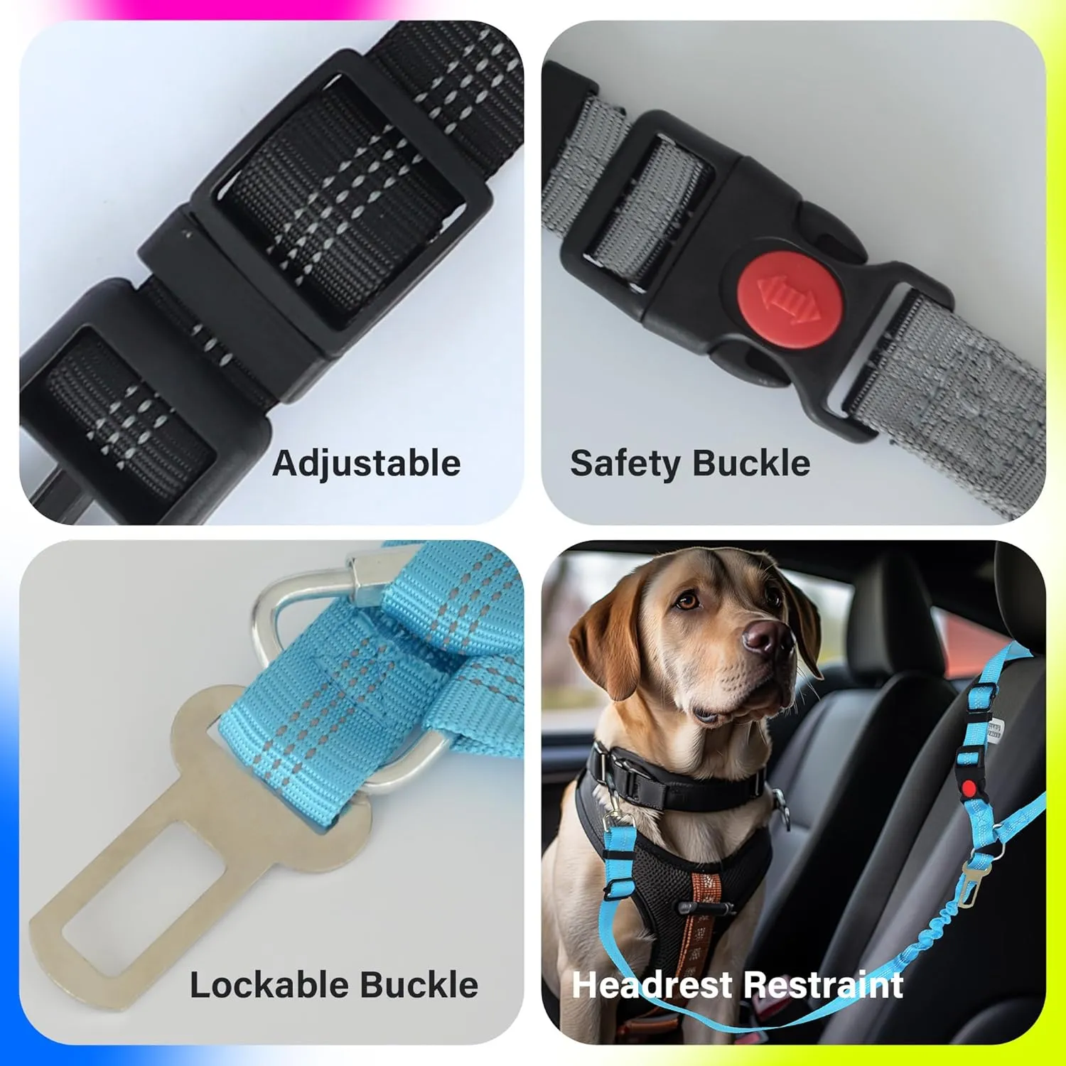 Dog Car Harness, 2 Pack Seat Belt with Safety Clip, Includes Poop Bag Dispenser with 1 Roll Bags & Portable Collapsible Silicone Dog Bowl, Travel Essentials for Dogs2 Rose Red