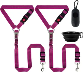 Dog Car Harness, 2 Pack Seat Belt with Safety Clip, Includes Poop Bag Dispenser with 1 Roll Bags & Portable Collapsible Silicone Dog Bowl, Travel Essentials for Dogs2 Rose Red