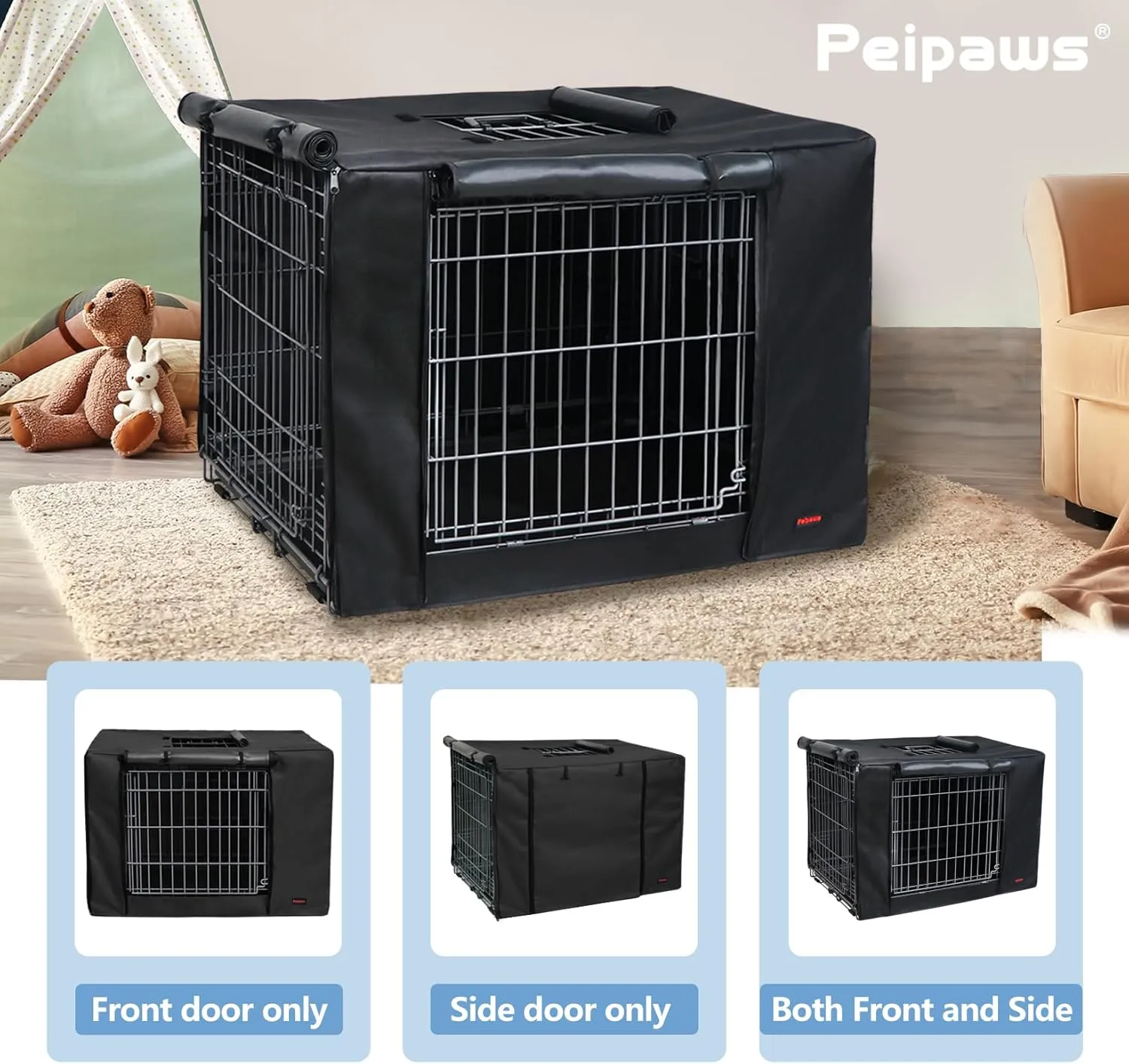 Dog Crate Cover 36 Inch - Three Doors Waterproof Dog Kennel Cover, 600D Oxford Fabric Cage Covers with a Water Bottle Nozzle, Allowing Dogs to Drink Water at Any Time. Black (Cover Only)