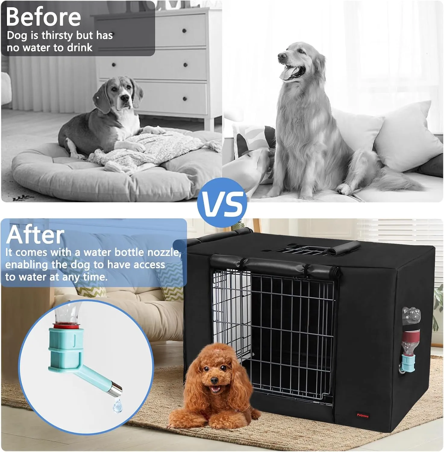 Dog Crate Cover 36 Inch - Three Doors Waterproof Dog Kennel Cover, 600D Oxford Fabric Cage Covers with a Water Bottle Nozzle, Allowing Dogs to Drink Water at Any Time. Black (Cover Only)