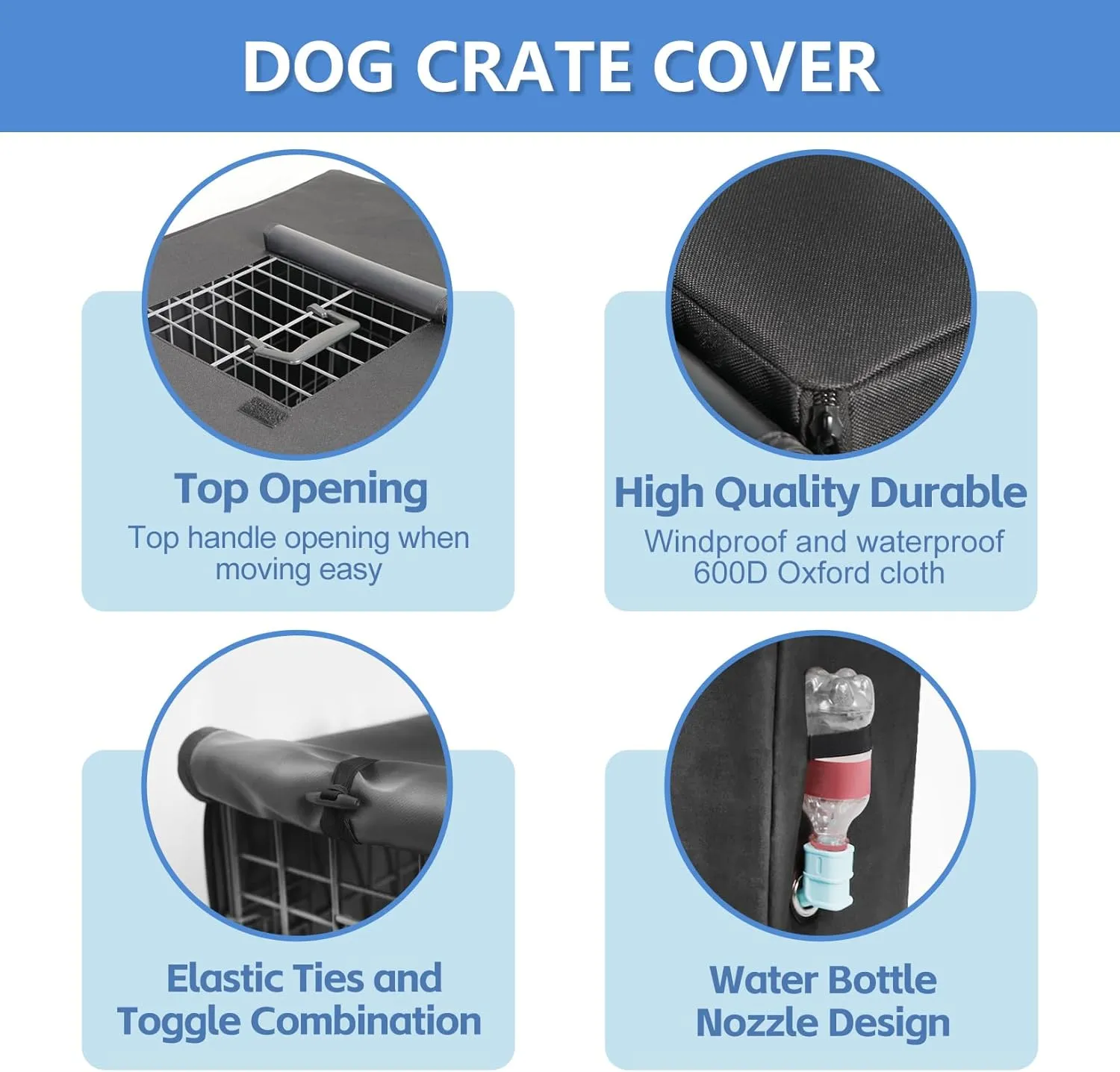 Dog Crate Cover 36 Inch - Three Doors Waterproof Dog Kennel Cover, 600D Oxford Fabric Cage Covers with a Water Bottle Nozzle, Allowing Dogs to Drink Water at Any Time. Black (Cover Only)