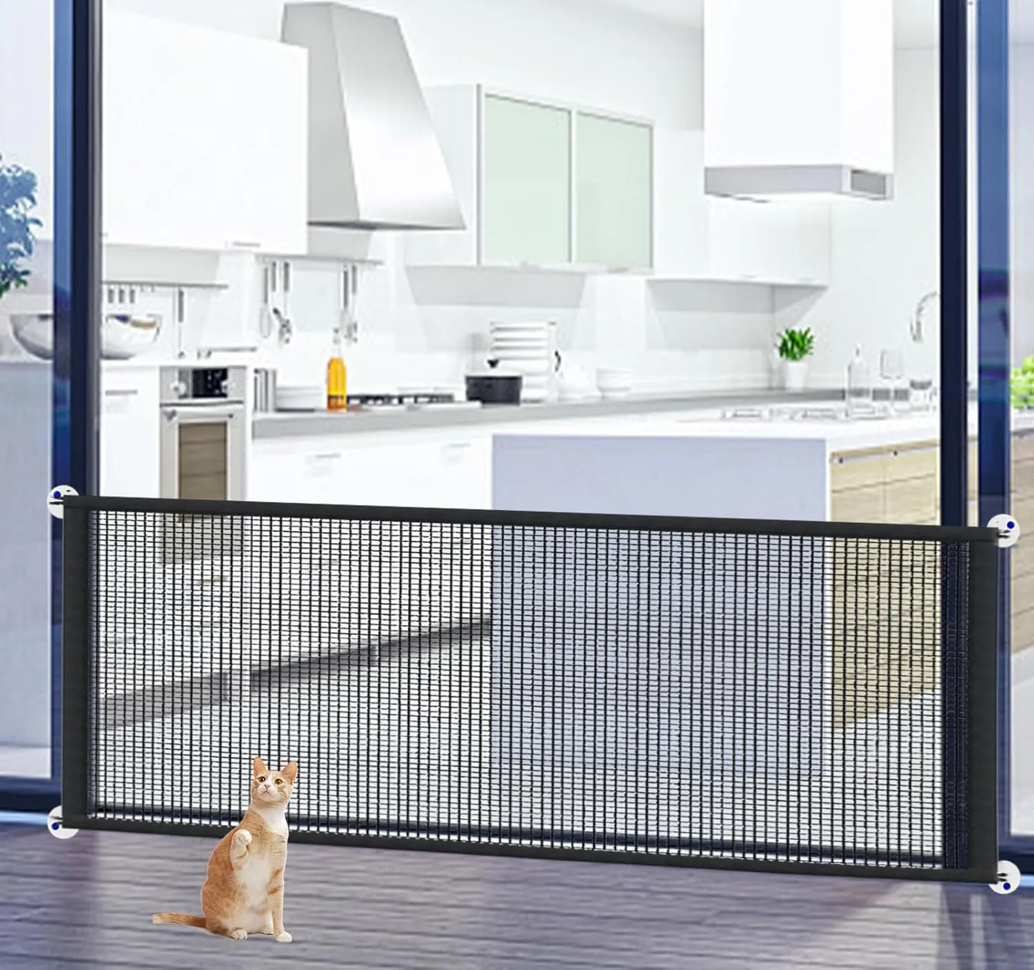 Dog Gate Mesh Pet Gate for The House Doorways Stairways, 71 WX 31" H Portable Magic No Drill Indoor Puppy Safety Gates, Black