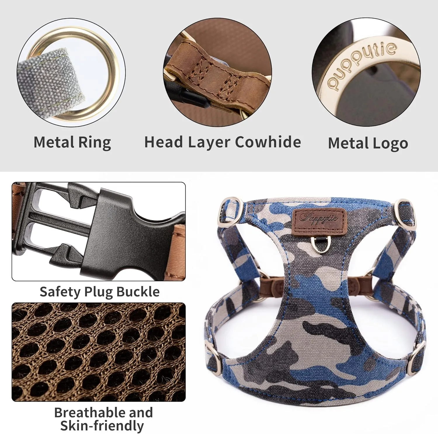 Dog Harness, No Pull Dogs Harness and Multi-Function Leash Set for Medium Dogs Easy Walk Everyday Adjustable Soft Dog Vest Harness Fashionable Dog Accessories Camouflage Blue-Button-M(16lb-35lb)