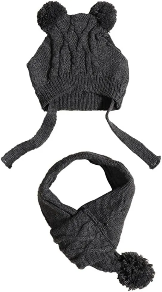 Dog Hat & Scarf Set, Knitted Pet Christmas Winter Warm Caps, Cute Accessories, Neck & Ear Warmer Hood, Warm Scarf, Party Decoration for Cat & Dog, Fits Small to Large Ears, B-Gray