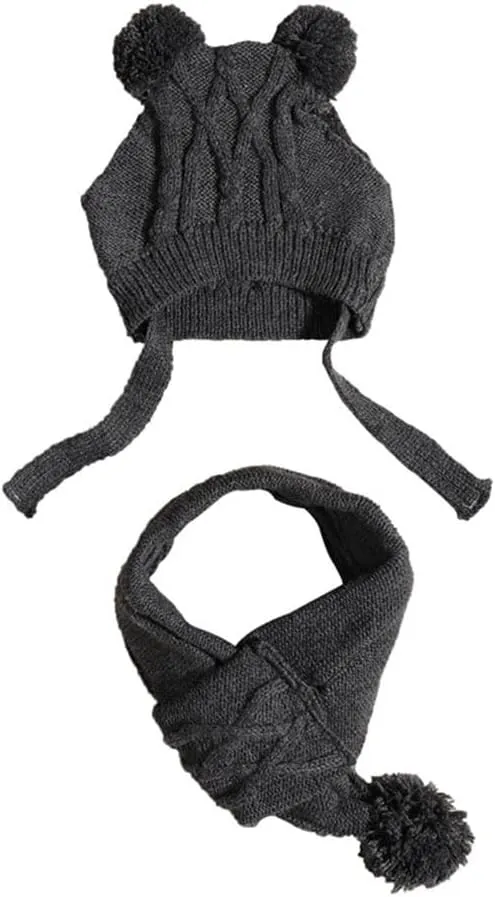 Dog Hat & Scarf Set, Knitted Pet Christmas Winter Warm Caps, Cute Accessories, Neck & Ear Warmer Hood, Warm Scarf, Party Decoration for Cat & Dog, Fits Small to Large Ears, B-Gray