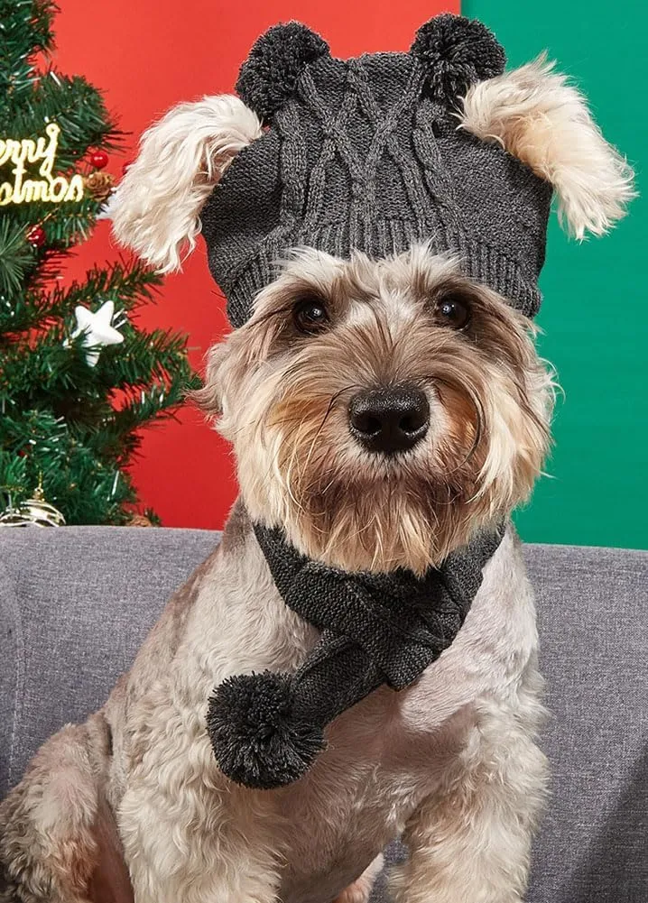 Dog Hat & Scarf Set, Knitted Pet Christmas Winter Warm Caps, Cute Accessories, Neck & Ear Warmer Hood, Warm Scarf, Party Decoration for Cat & Dog, Fits Small to Large Ears, B-Gray