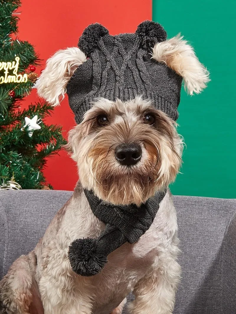 Dog Hat & Scarf Set, Knitted Pet Christmas Winter Warm Caps, Cute Accessories, Neck & Ear Warmer Hood, Warm Scarf, Party Decoration for Cat & Dog, Fits Small to Large Ears, B-Gray