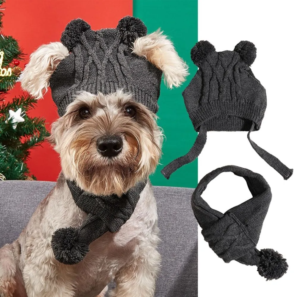 Dog Hat & Scarf Set, Knitted Pet Christmas Winter Warm Caps, Cute Accessories, Neck & Ear Warmer Hood, Warm Scarf, Party Decoration for Cat & Dog, Fits Small to Large Ears, B-Gray