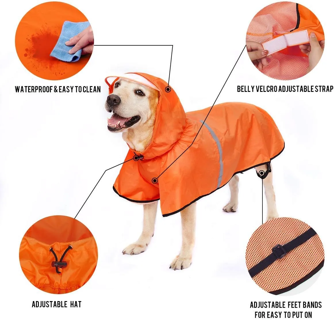Dog Raincoat with Adjustable Belly Strap and Leash Hole - Hoodie with Reflective Strip - Waterproof Slicker Lightweight Breathable Rain Poncho Jacket for Medium Large Dogs - Easy to Wear, Orange 4XL