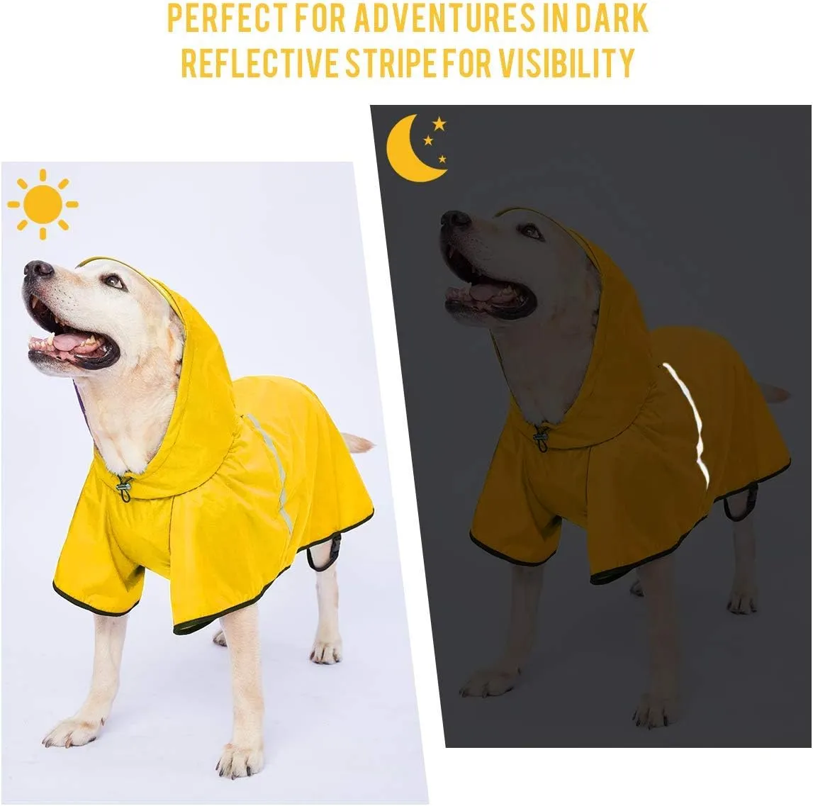 Dog Raincoat with Adjustable Belly Strap and Leash Hole - Hoodie with Reflective Strip - Waterproof Slicker Lightweight Breathable Rain Poncho Jacket for Medium Large Dogs - Easy to Wear, Yellow 4XL