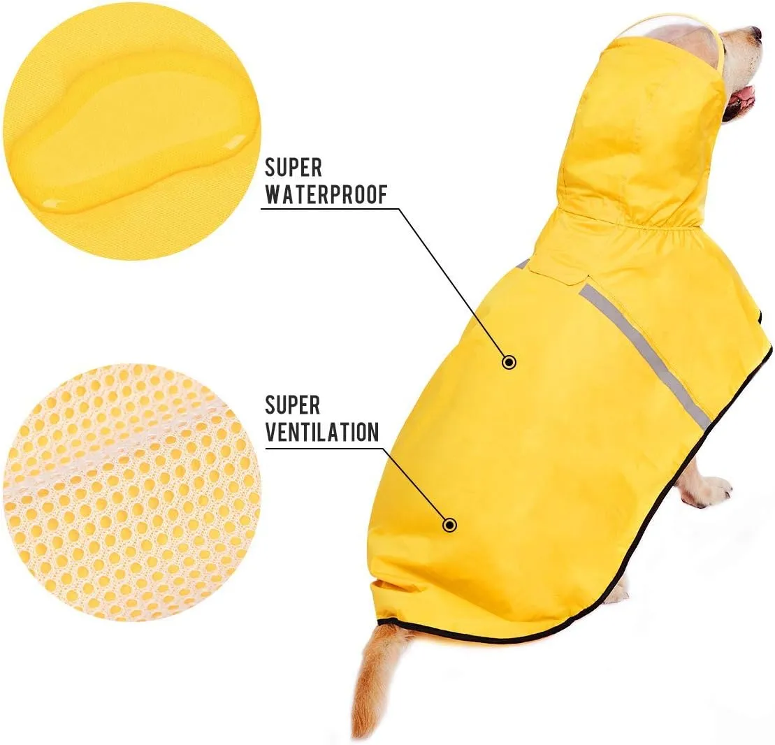 Dog Raincoat with Adjustable Belly Strap and Leash Hole - Hoodie with Reflective Strip - Waterproof Slicker Lightweight Breathable Rain Poncho Jacket for Medium Large Dogs - Easy to Wear, Yellow 4XL