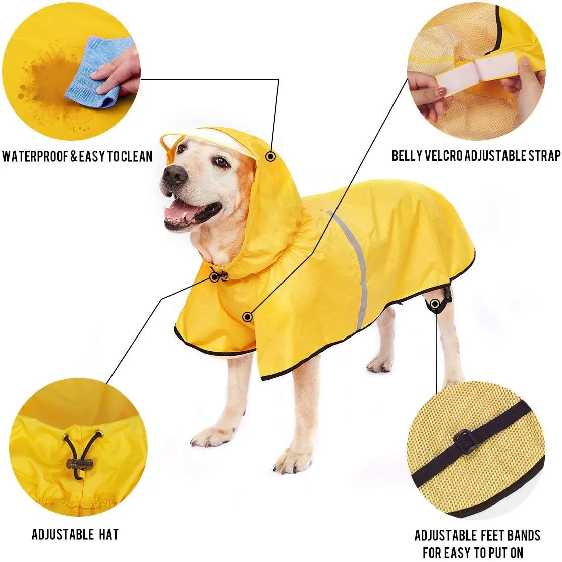 Dog Raincoat with Adjustable Belly Strap and Leash Hole - Hoodie with Reflective Strip - Waterproof Slicker Lightweight Breathable Rain Poncho Jacket for Medium Large Dogs - Easy to Wear, Yellow 4XL