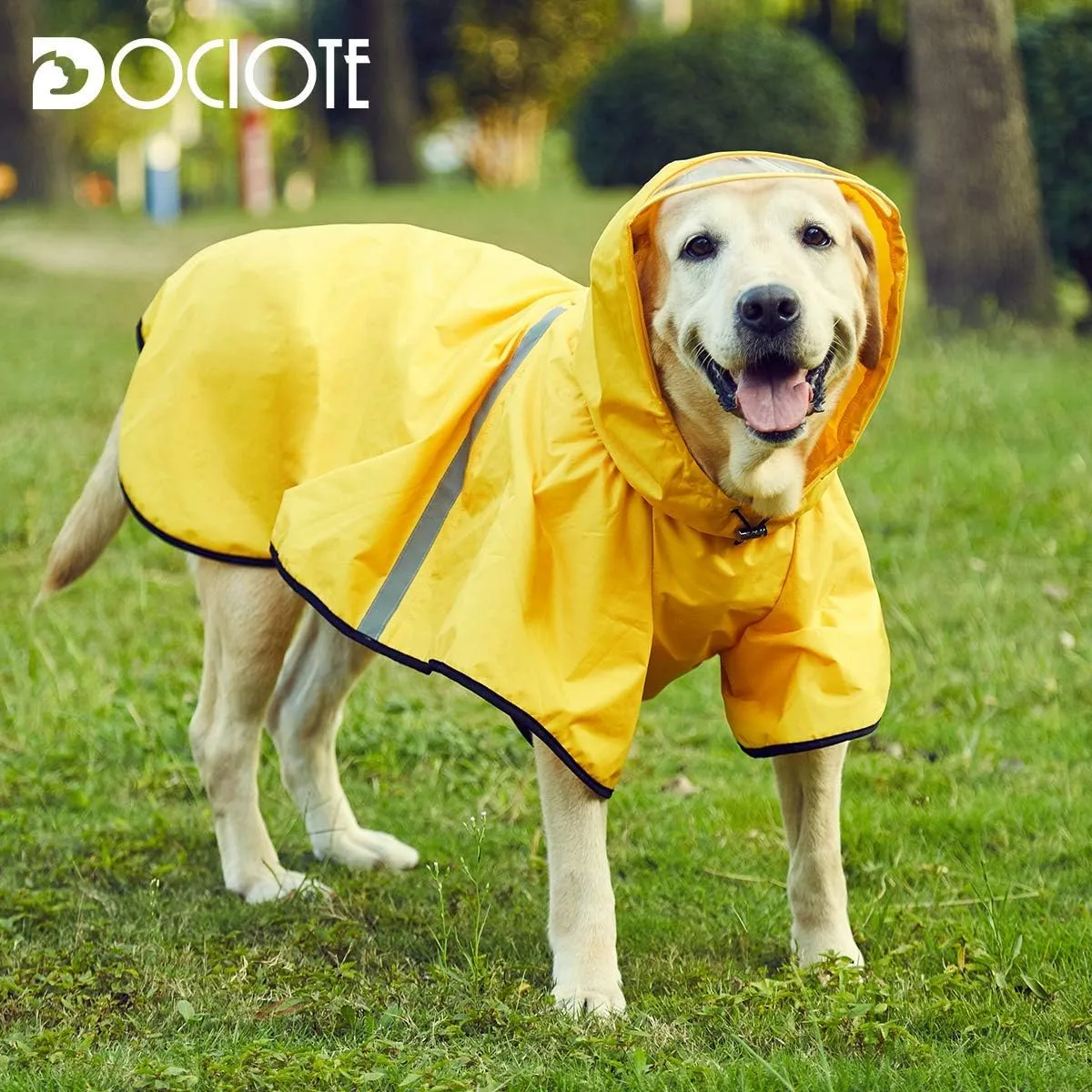 Dog Raincoat with Adjustable Belly Strap and Leash Hole - Hoodie with Reflective Strip - Waterproof Slicker Lightweight Breathable Rain Poncho Jacket for Medium Large Dogs - Easy to Wear, Yellow 4XL