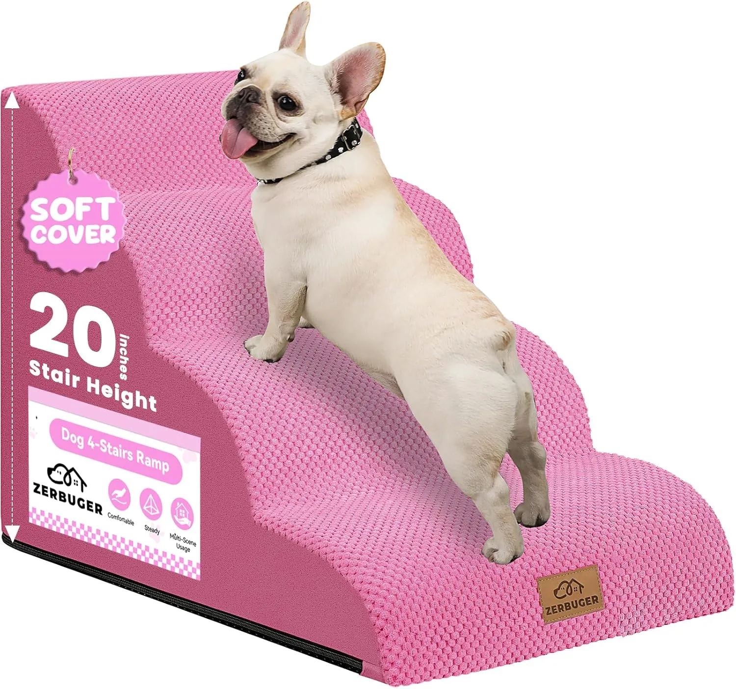 Dog Stairs for Small Dogs, Curved Pet Steps for Old/Injured Dogs Cats Climbing Bed, Chair or Couch, Premium Foam Non-Slip Ramp for Indoor Pets (Pink, 29" D x 15.7" W x 20" H, 4)