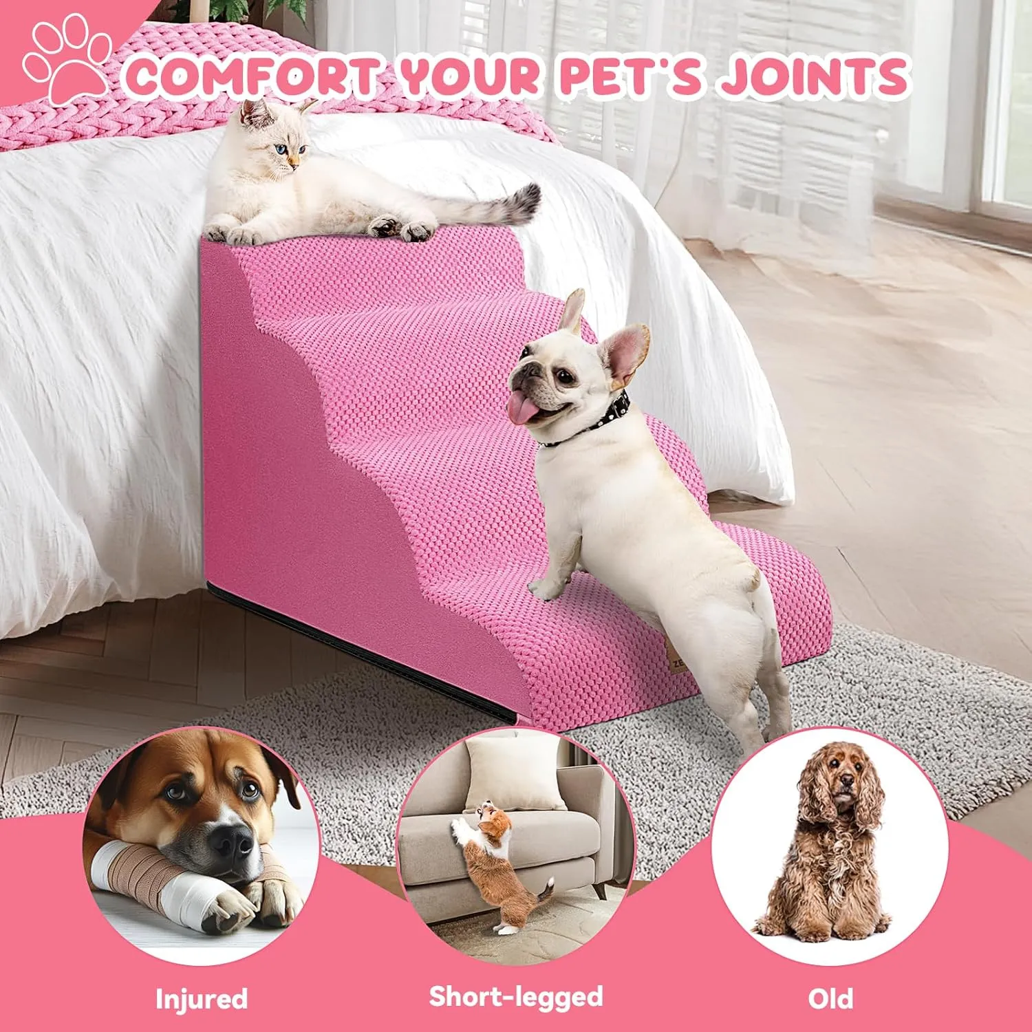 Dog Stairs for Small Dogs, Curved Pet Steps for Old/Injured Dogs Cats Climbing Bed, Chair or Couch, Premium Foam Non-Slip Ramp for Indoor Pets (Pink, 29" D x 15.7" W x 20" H, 4)