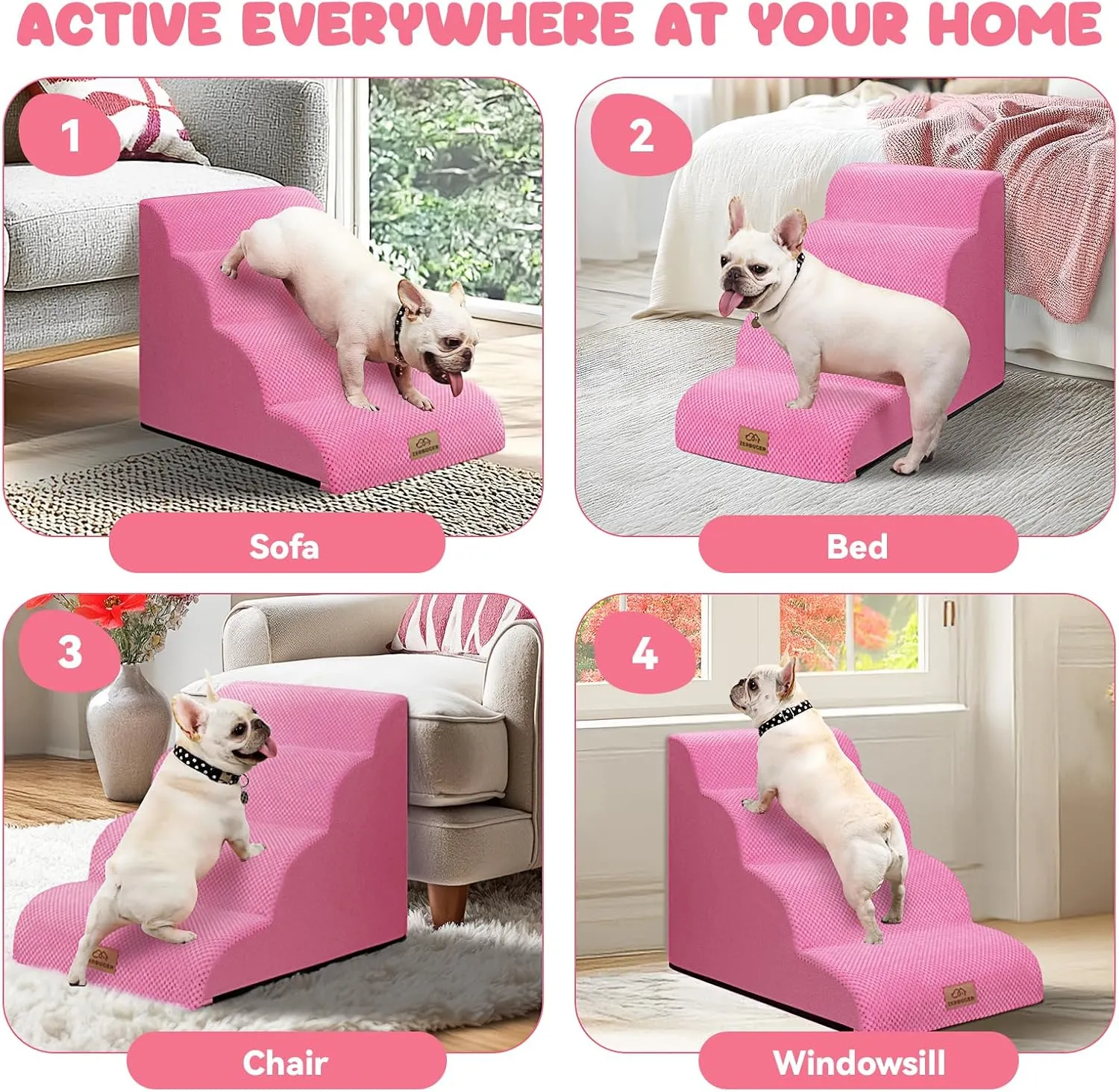 Dog Stairs for Small Dogs, Curved Pet Steps for Old/Injured Dogs Cats Climbing Bed, Chair or Couch, Premium Foam Non-Slip Ramp for Indoor Pets (Pink, 29" D x 15.7" W x 20" H, 4)