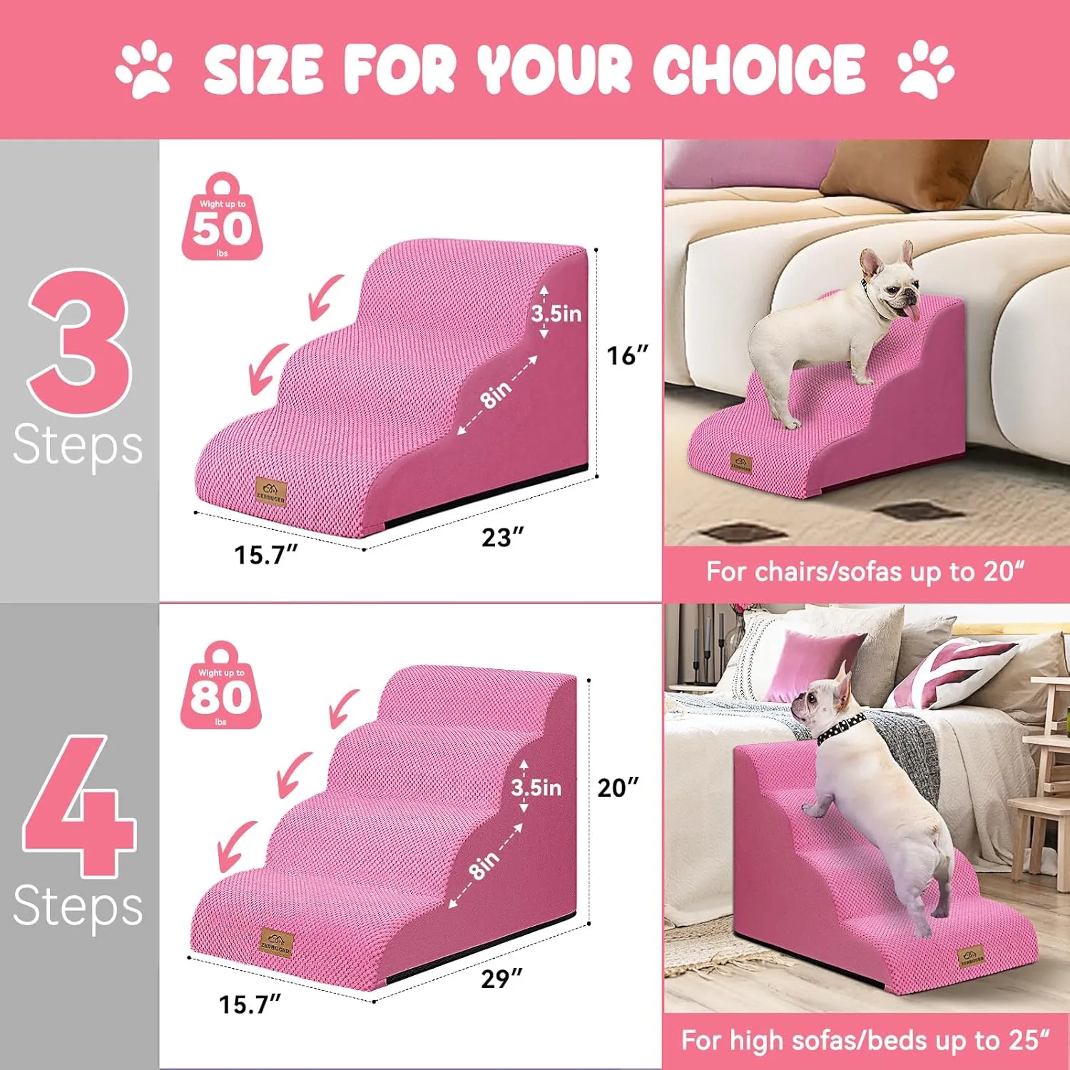 Dog Stairs for Small Dogs, Curved Pet Steps for Old/Injured Dogs Cats Climbing Bed, Chair or Couch, Premium Foam Non-Slip Ramp for Indoor Pets (Pink, 29" D x 15.7" W x 20" H, 4)