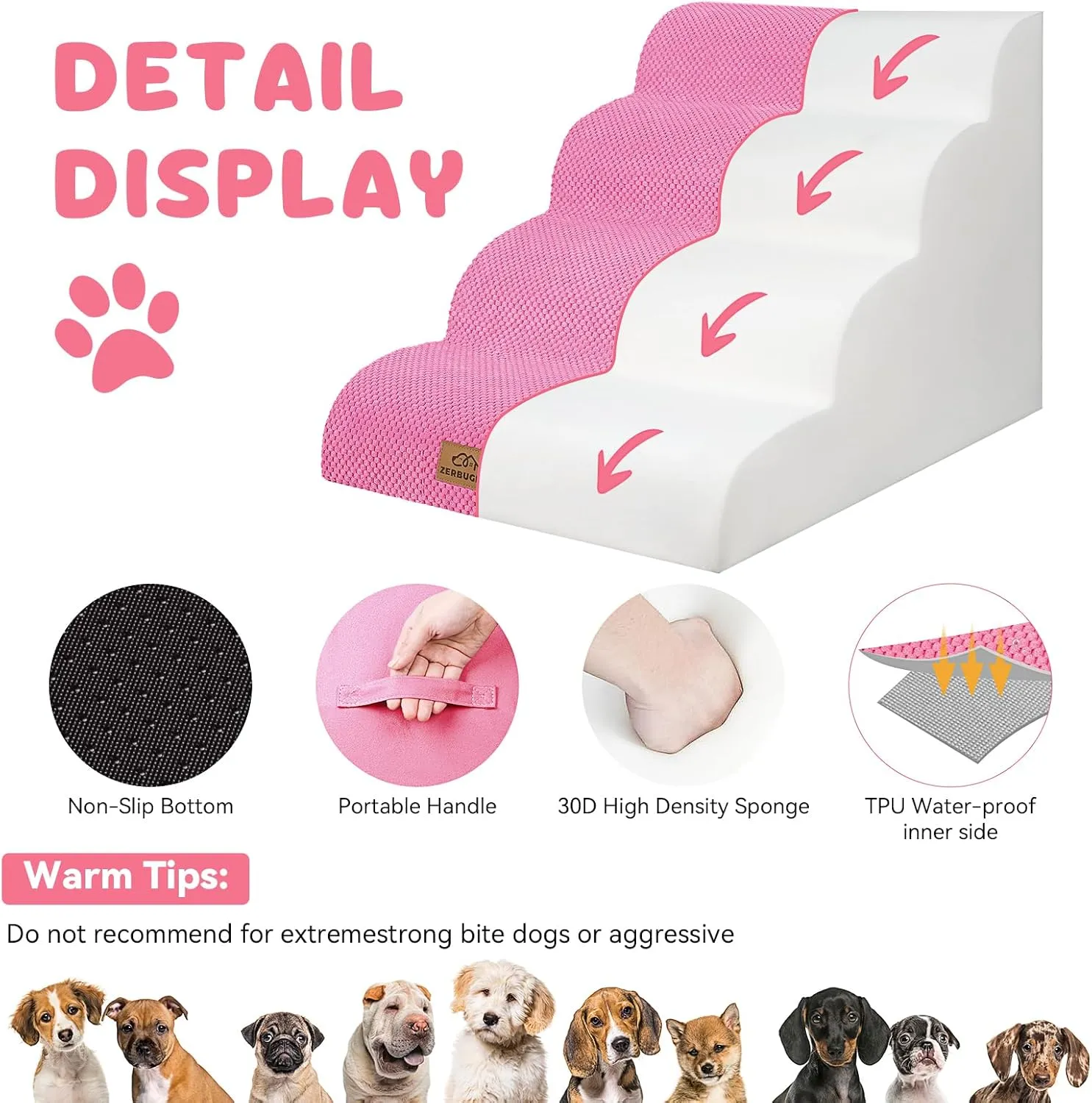 Dog Stairs for Small Dogs, Curved Pet Steps for Old/Injured Dogs Cats Climbing Bed, Chair or Couch, Premium Foam Non-Slip Ramp for Indoor Pets (Pink, 29" D x 15.7" W x 20" H, 4)