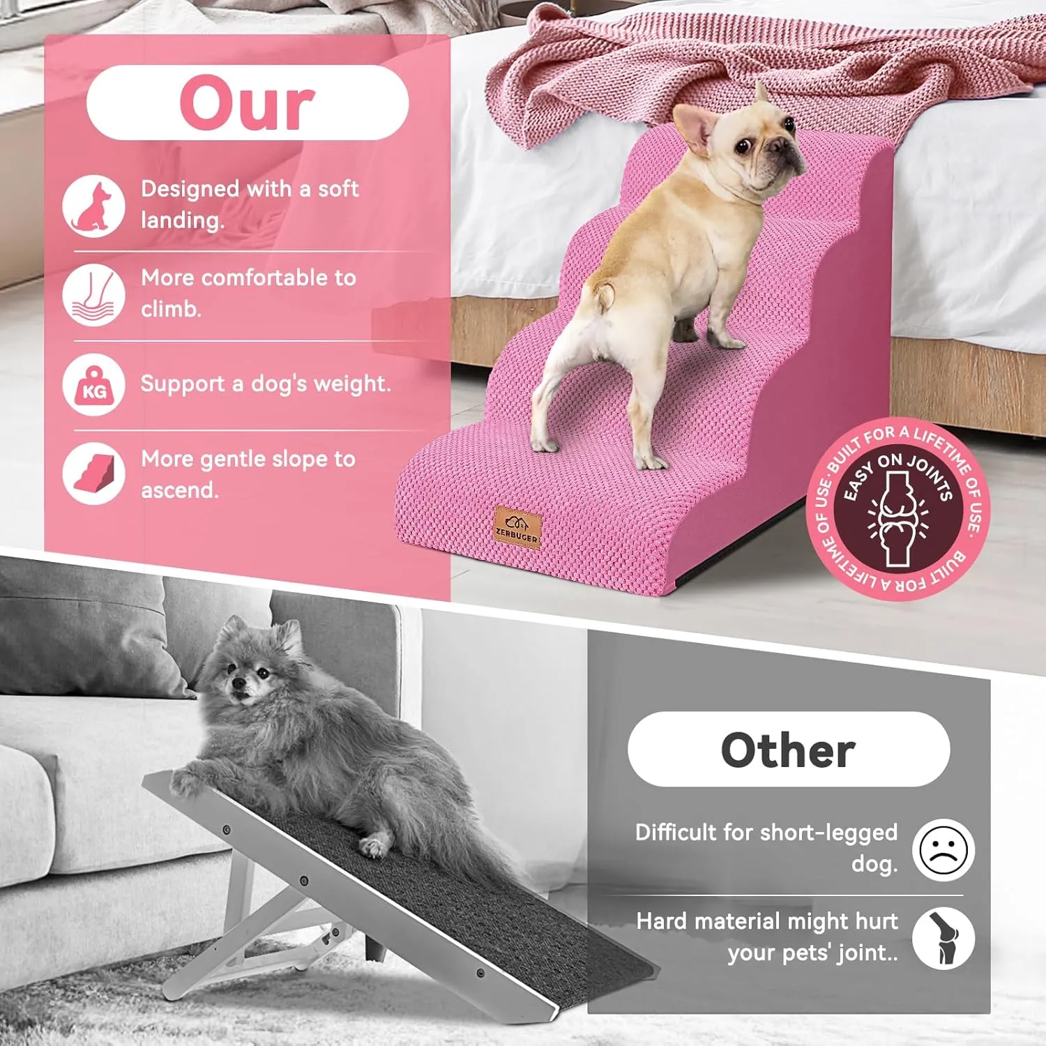 Dog Stairs for Small Dogs, Curved Pet Steps for Old/Injured Dogs Cats Climbing Bed, Chair or Couch, Premium Foam Non-Slip Ramp for Indoor Pets (Pink, 29" D x 15.7" W x 20" H, 4)