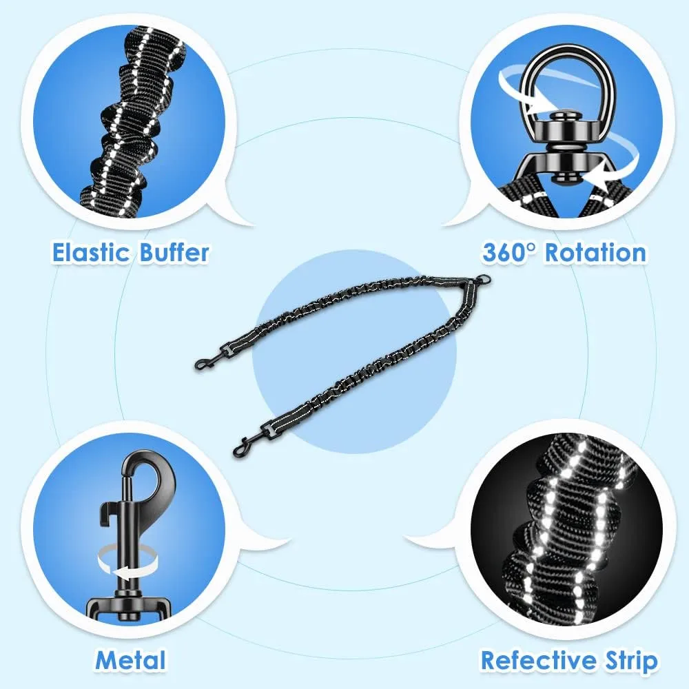 Double Dog Leash, No Tangle 360 Swivel Rotation Reflective Lead Attachment Bungee Extension Length Dual Two Dog Lead Splitter, Comfortable Shock Absorbing Walking Training for 2 Dogs