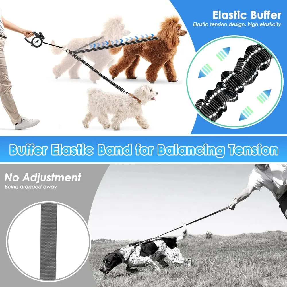 Double Dog Leash, No Tangle 360 Swivel Rotation Reflective Lead Attachment Bungee Extension Length Dual Two Dog Lead Splitter, Comfortable Shock Absorbing Walking Training for 2 Dogs