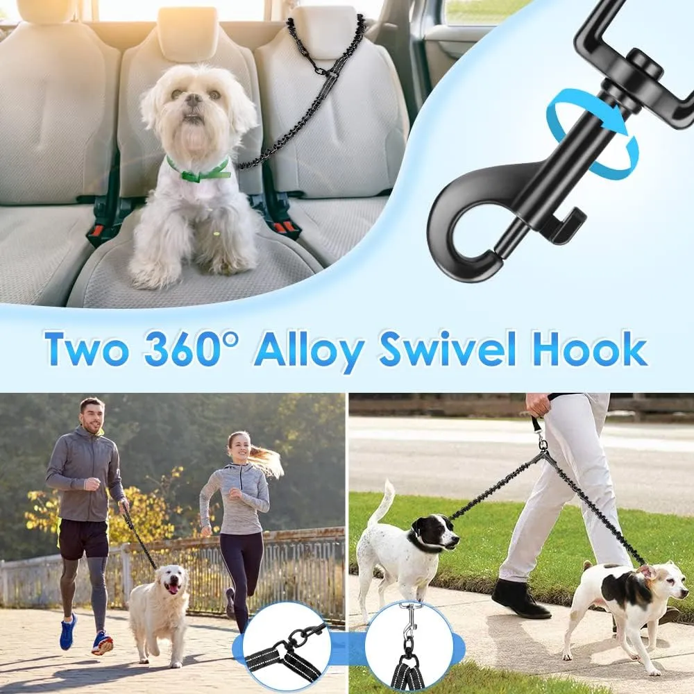 Double Dog Leash, No Tangle 360 Swivel Rotation Reflective Lead Attachment Bungee Extension Length Dual Two Dog Lead Splitter, Comfortable Shock Absorbing Walking Training for 2 Dogs