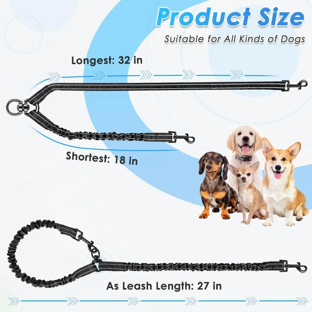 Double Dog Leash, No Tangle 360 Swivel Rotation Reflective Lead Attachment Bungee Extension Length Dual Two Dog Lead Splitter, Comfortable Shock Absorbing Walking Training for 2 Dogs