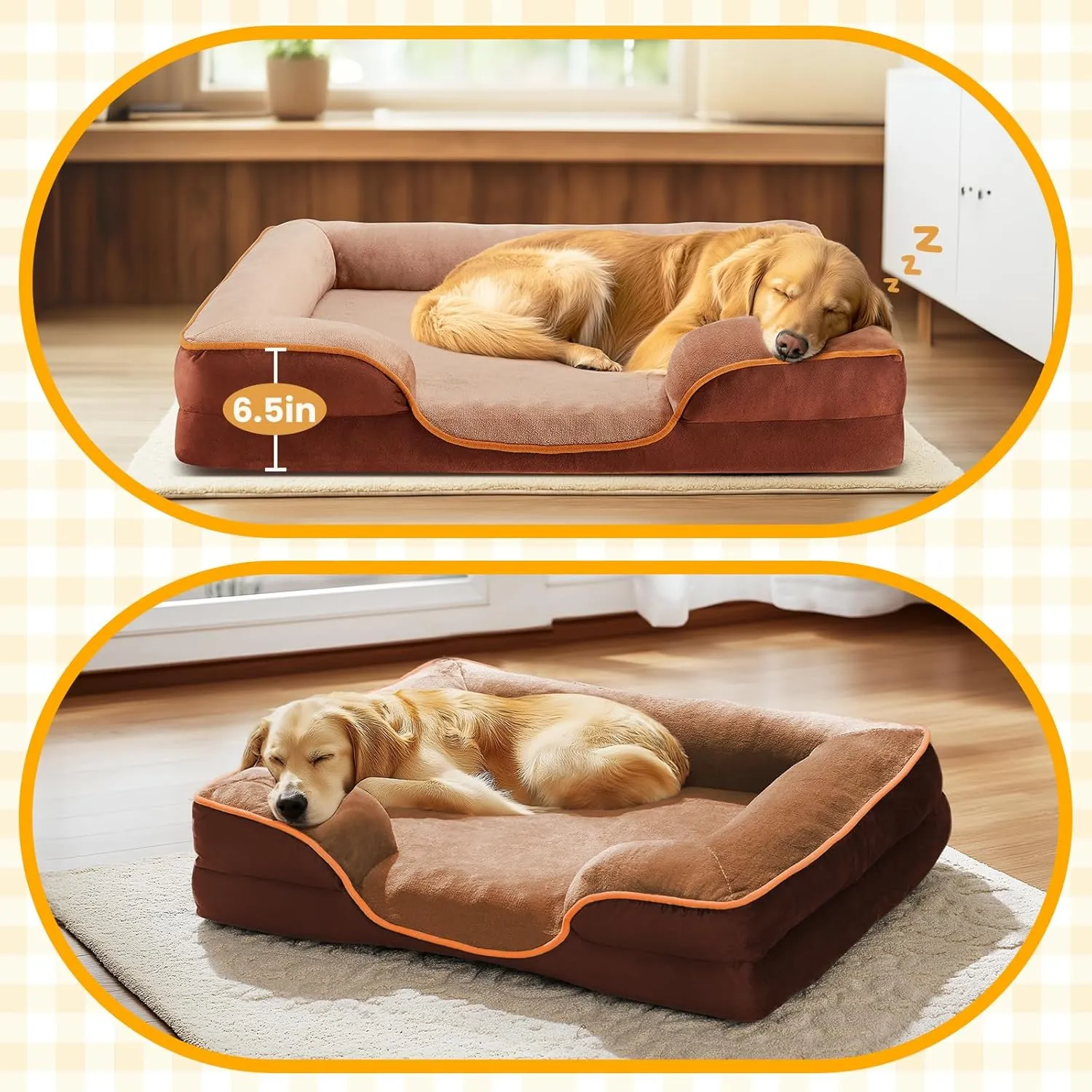 DUMOS Orthopedic Dog Bed, Washable Dog Couch Bed with Removable Cover, Waterproof Pet Bed for Medium Size Dogs, Memory Foam Pet Bed Non-Slip Base, Brown