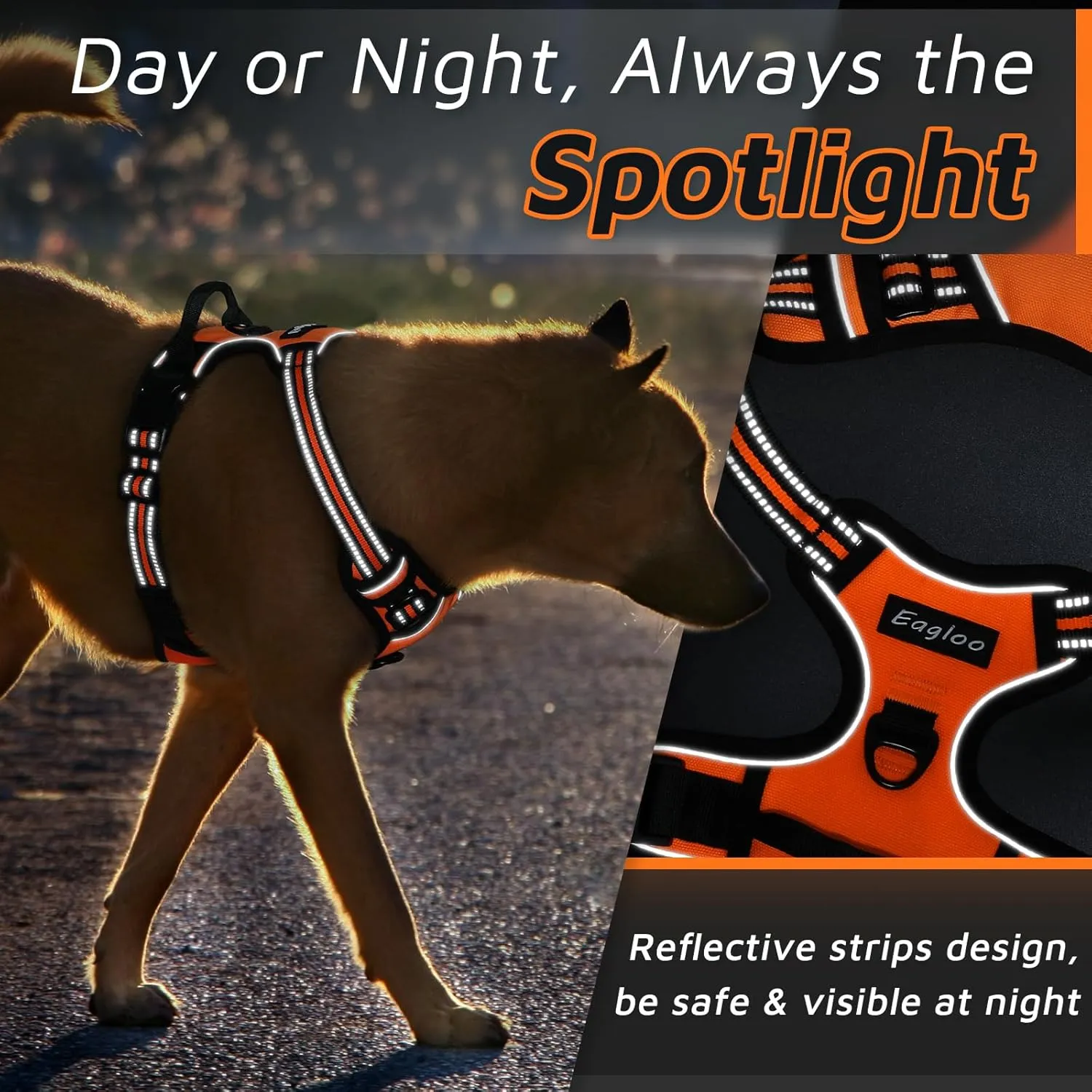 Eagloo Dog Harness for Large Dogs, No Pull Service Vest with Reflective Strips and Control Handle, Adjustable and Comfortable for Easy Walking, No Choke Pet Harness with 2 Metal Rings, Orange, L