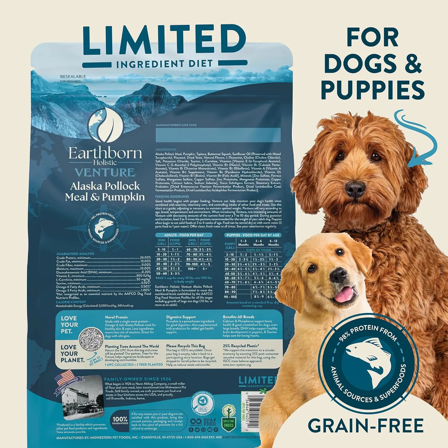 Earthborn Holistic Venture Alaska Pollock Meal & Pumpkin Limited Ingredient Diet Grain-Free Dry Food for Dogs & Puppies (4 lb. Bag)