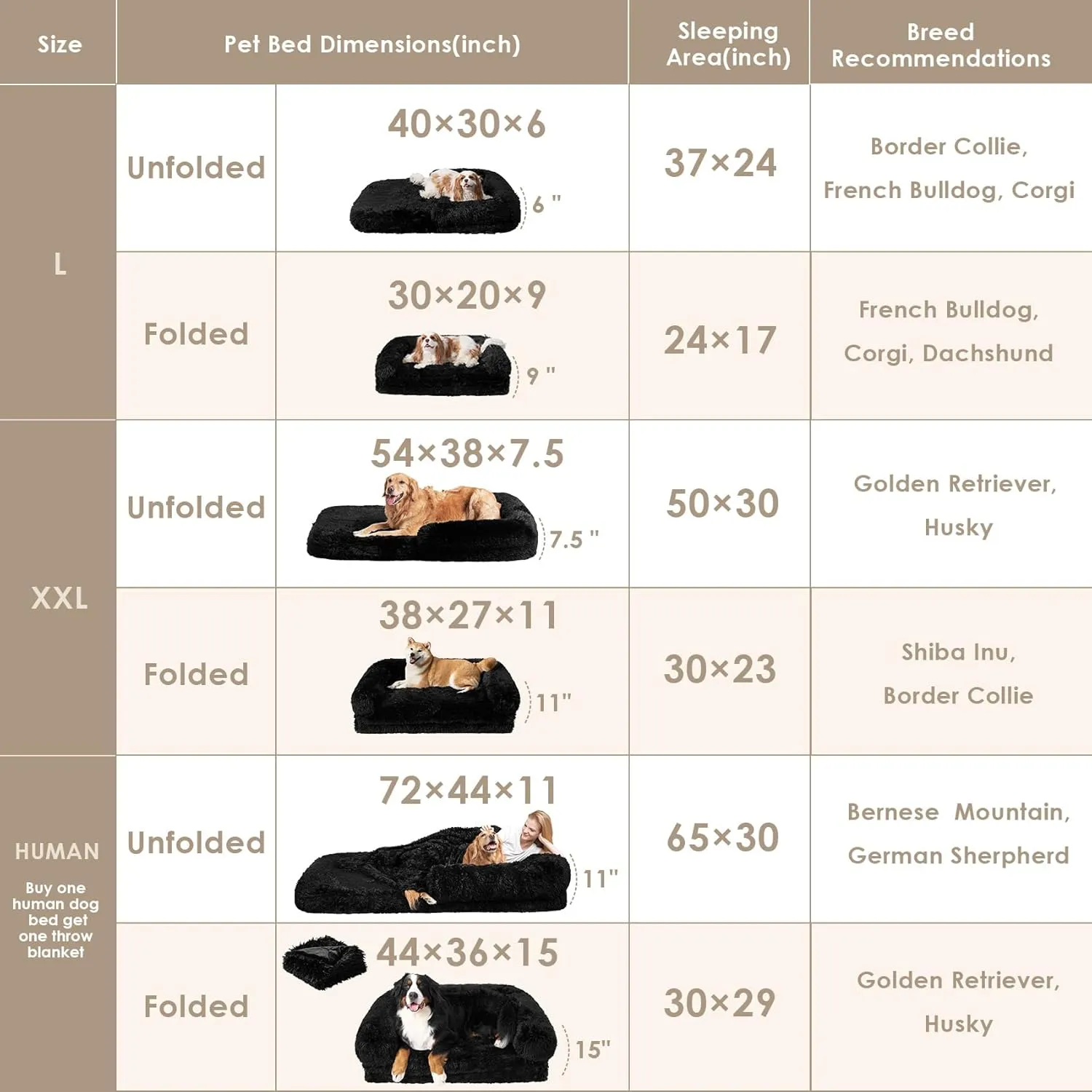 EHEYCIGA Foldable XXL Dog Bed, Faux Fur Fluffy Pet Couch Bed for Extra Large Dogs, Orthopedic Calming Memory Foam Big Pet Bed, Washable Soft Pet Sofa Bed with Non-Slip Bottom, Black, 54"x38"x7.5"