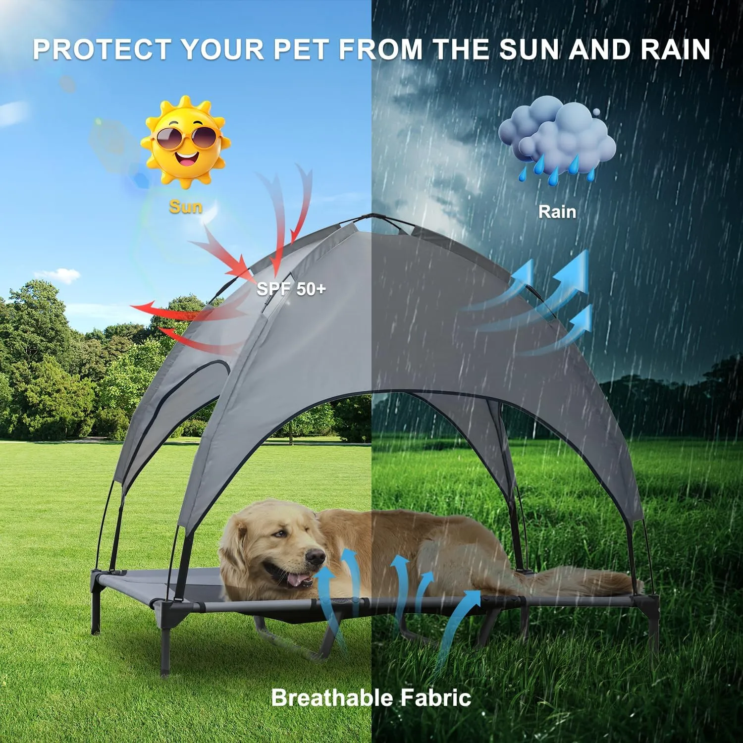 Elevated Dog Bed with Canopy, 48-inch Waterproof Pet Cot, Portable Outdoor Pet Bed with Carry Bag, Indoor/Outdoor Cooling Canopy Dog Tent for Large Dogs (Gray)