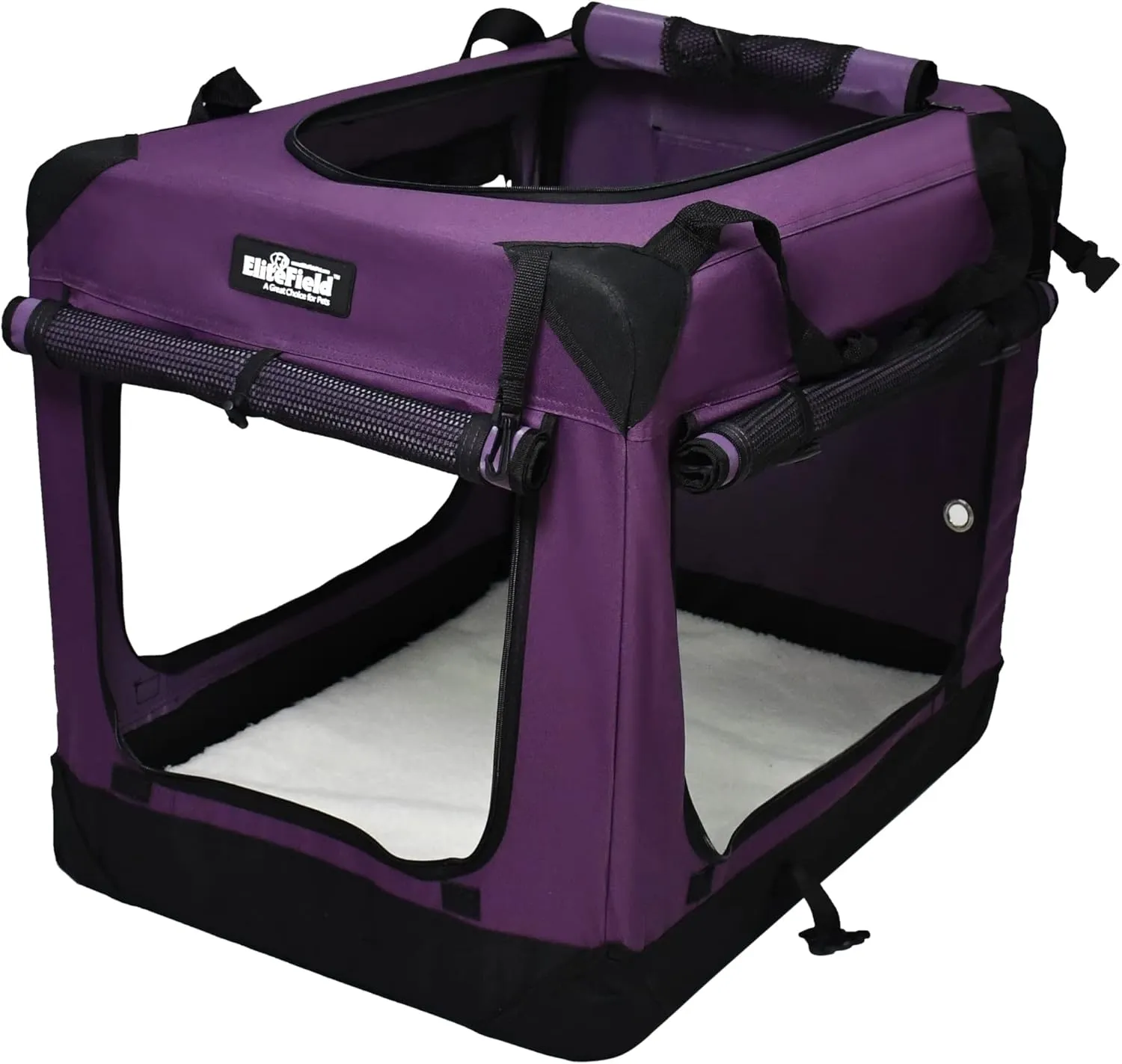 EliteField 4-Door Folding Soft Dog Crate with Curtains, Carrying Bag and Fleece Bed (2 Year Warranty), Indoor & Outdoor Pet Home (36" L x 24" W x 28" H, Purple 4 Door Curtains)